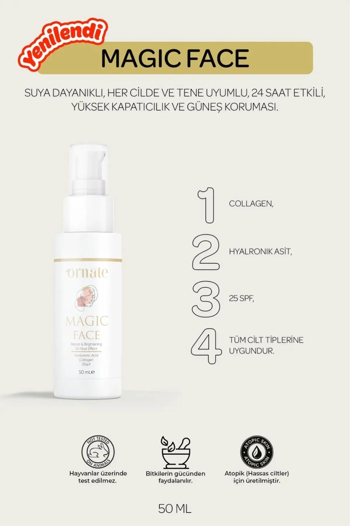 ORNATE Magic Face Foundation 24 uurseffect - Anti-Blemish - Anti-Rimpel - Collageen - Hyaluronzuur - SPF 25 Waterbestendig - SPF 25 Zonnebrandcrème - Anti-vlekken - Anti-veroudering - Hydrateert - Voor alle huid 50 ml