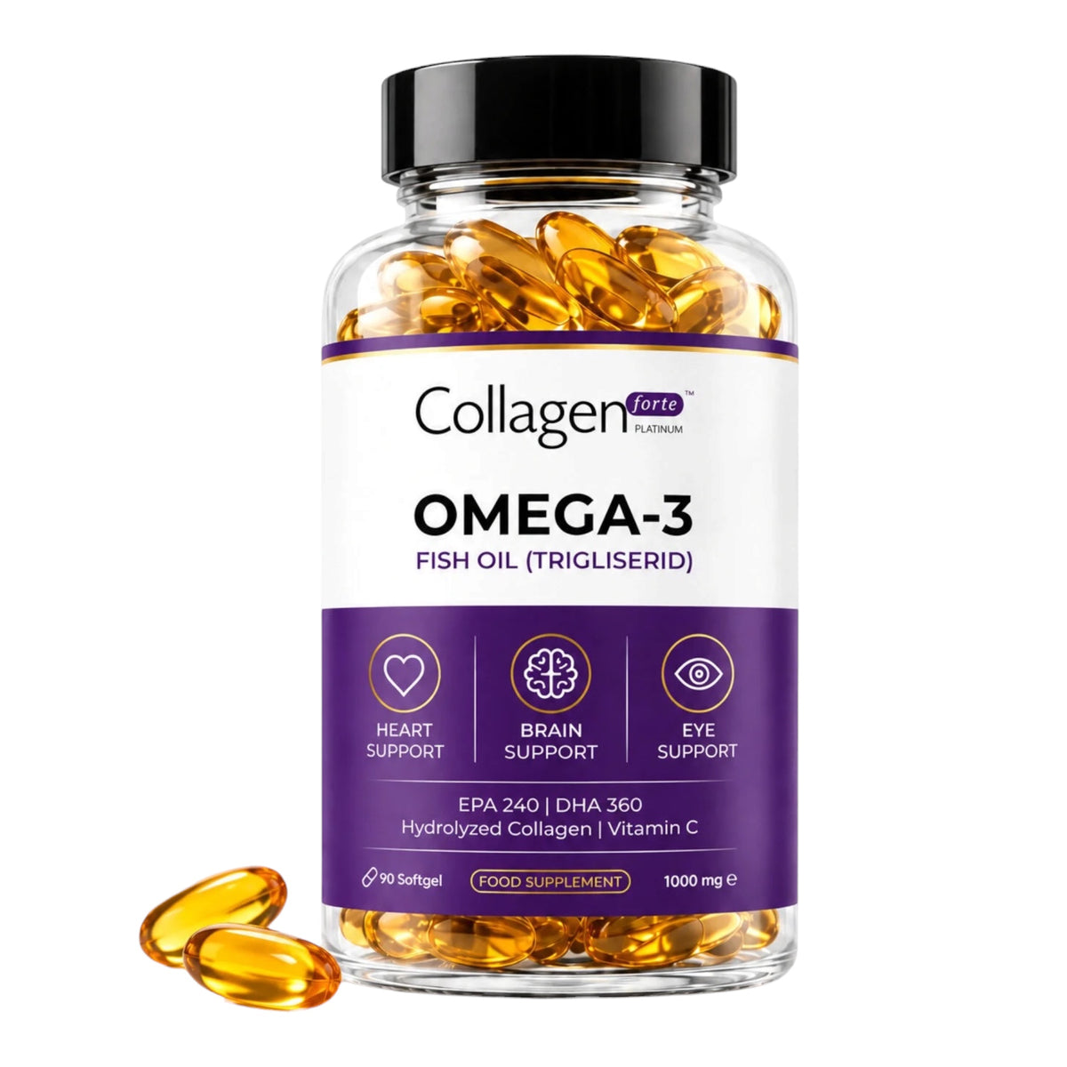 Collagen Forte Platinum Omega 3 Visolie – Triglyceride Vorm – EPA 240 mg & DHA 360 mg – Met Viscollageen en Vitamine C – 90 Softgels