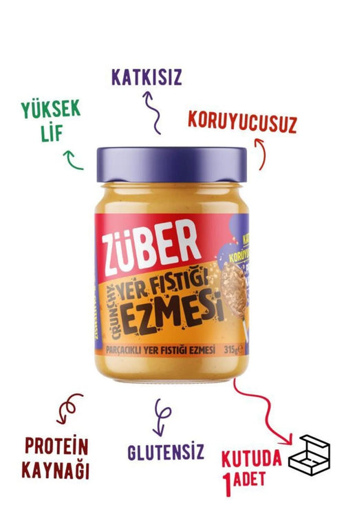 Züber Crunchy Pindakaas – 95% Pinda's – Pindakaas met Stukjes – Vezelrijk & Eiwitrijk – Glutenvrij – 315 g