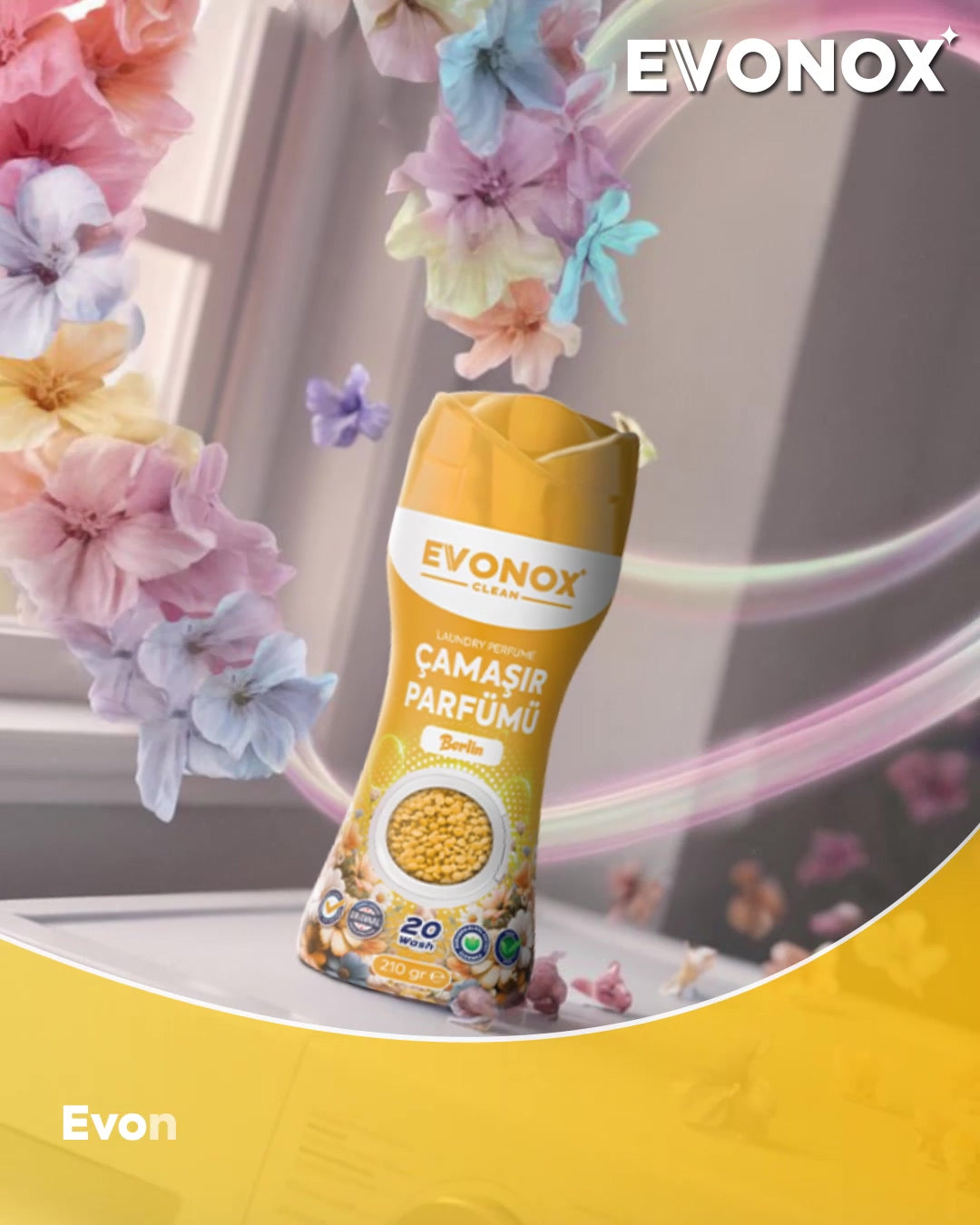 EVONOX Clean Berlin Çamaşır Parfümü 210 gr – Ferah Çiçek Kokulu In-Wash Scent Booster