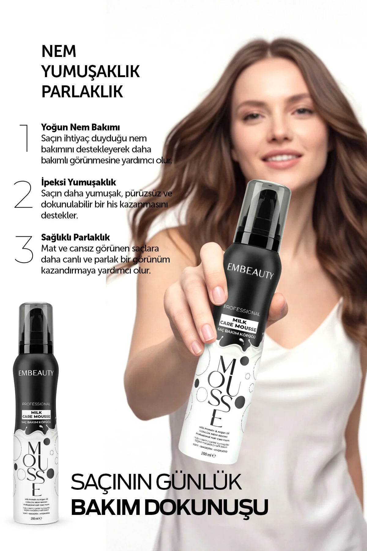 Embeauty Professional Milk Care Mousse – Haarverzorgingsmousse met Melkproteïne, Arganolie, Panthenol & Glycerine – Hydraterende Haarmousse – 200 ml
