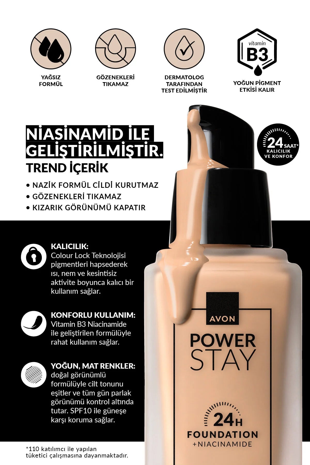 Avon Power Stay 24H Foundation + Niacinamide – Langhoudende Vloeibare Foundation – 510N – 30 ml