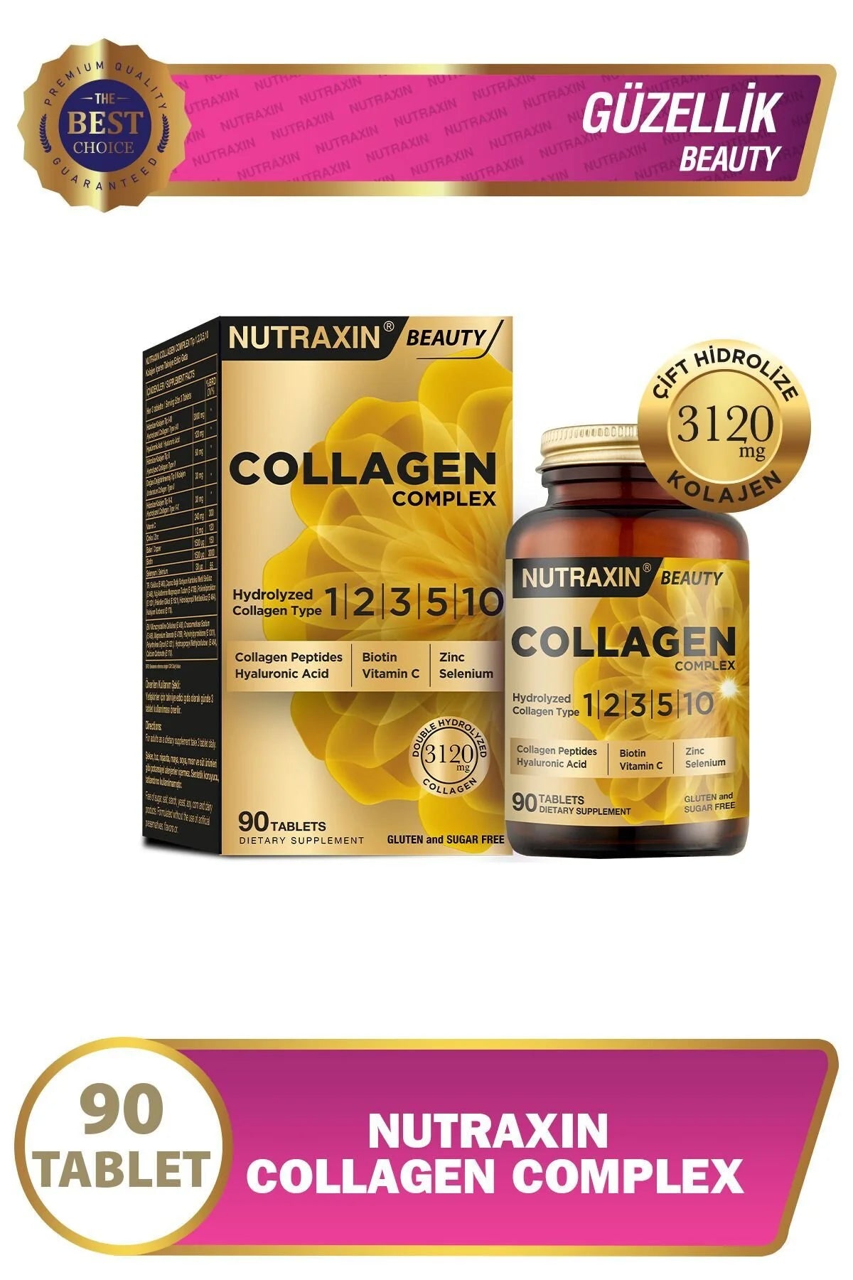 Nutraxin Beauty Collagen Complex – Collageen Type 1, 2, 3, 5 & 10 – met Hyaluronzuur, Biotine, Vitamine C, Zink & Selenium – 90 Tabletten