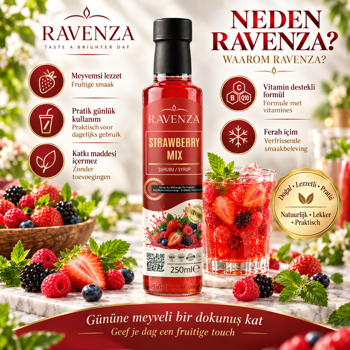 Ravenza Strawberry Mix – Aardbeienmix Siroop met Aardbei, Framboos, Braam & Blauwe Bes – Met L-Carnitine, Vitamine C, B2, B6 & Q10 – 250 ml