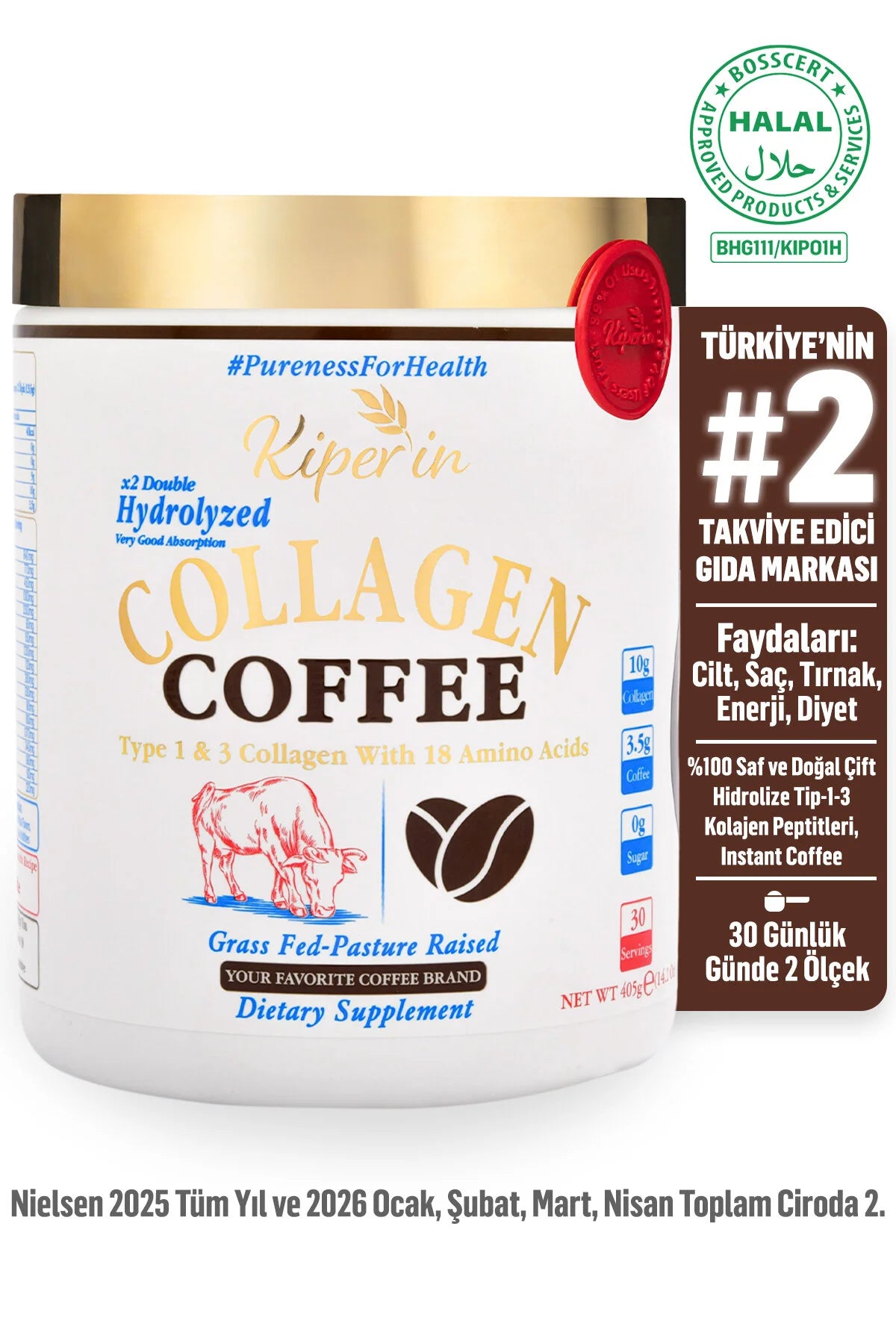 Kiperin Collagen Coffee – Gehydrolyseerd Rundercollageen Type 1 & 3 met Instant Koffie – 10 g Collageen per Portie – 405 g