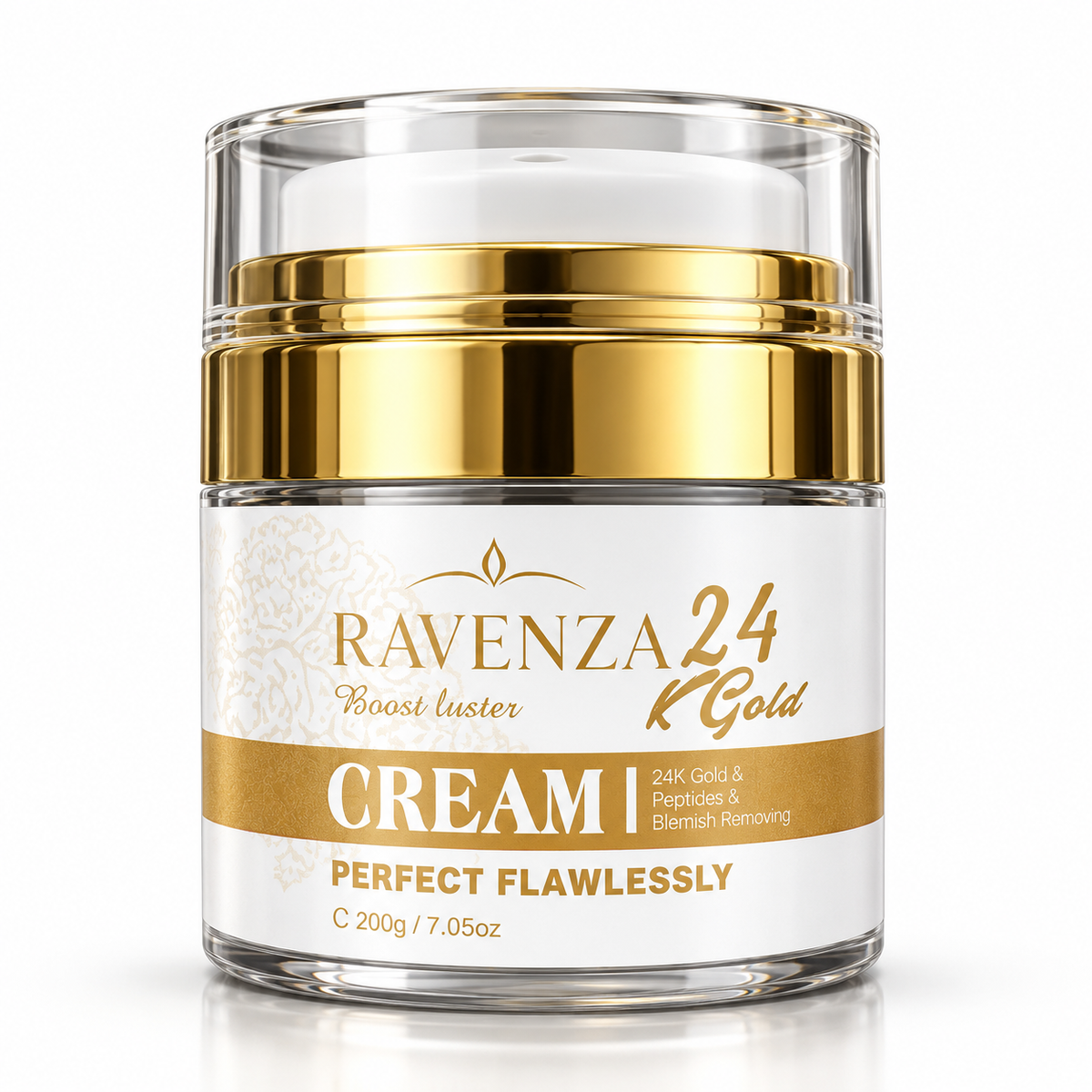 Ravenza 24K Gold Cream – Gezichtscrème met Niacinamide, Peptiden, Hyaluronzuur, Vitamine C & E – Hydraterende Huidverzorging – 200 g