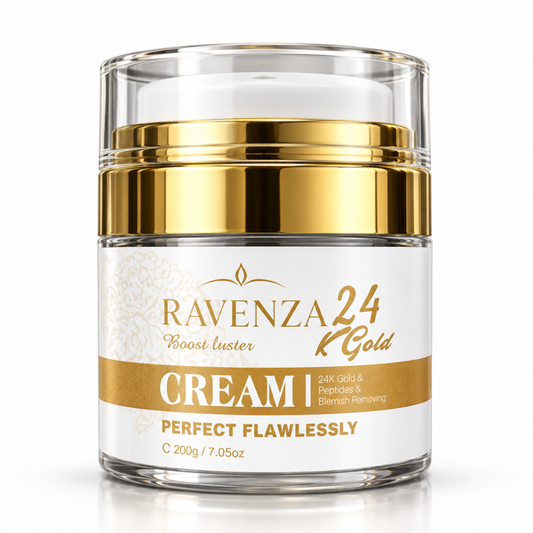 Ravenza 24K Gold Cream – Gezichtscrème met Niacinamide, Peptiden, Hyaluronzuur, Vitamine C & E – Hydraterende Huidverzorging – 200 g