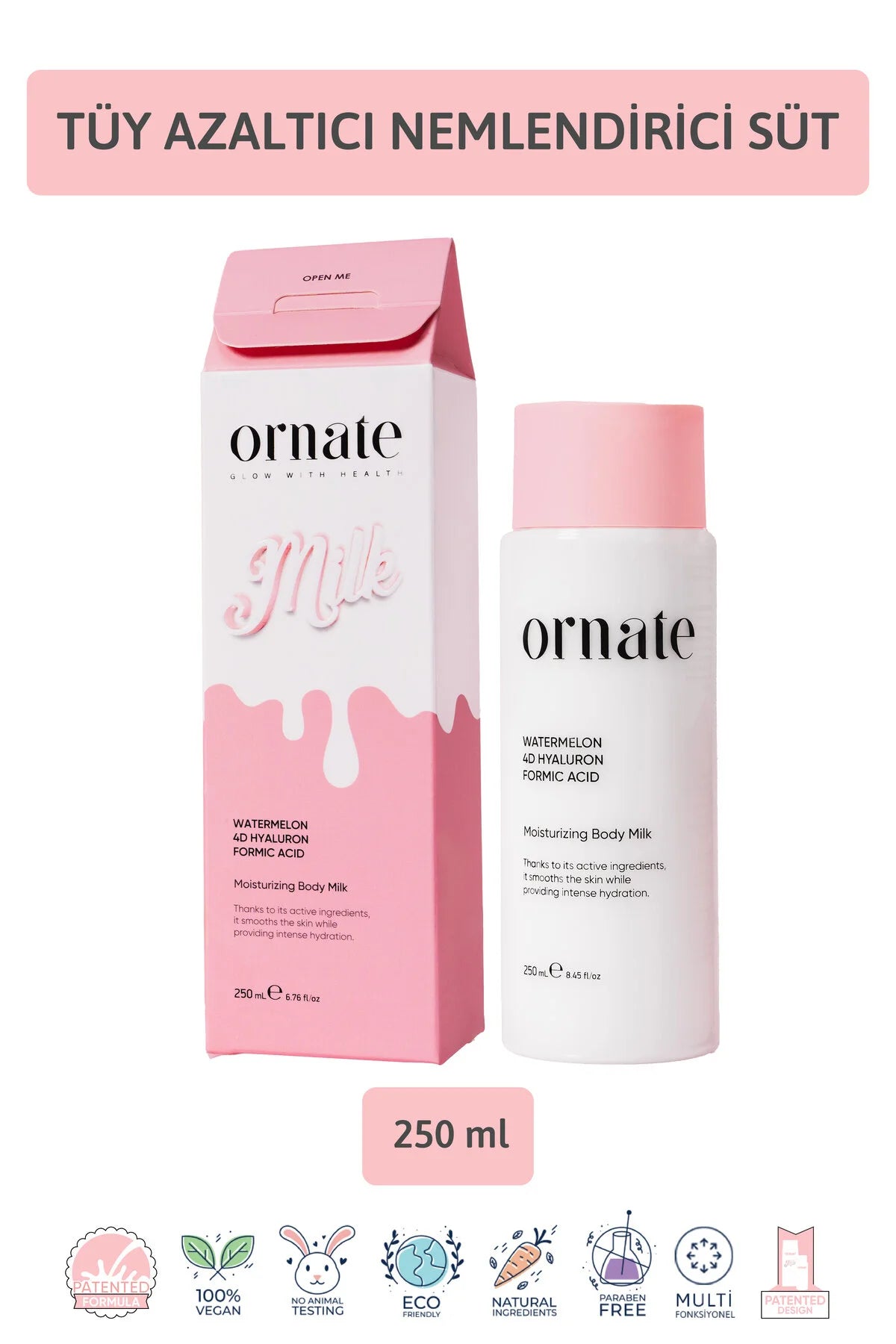 Ornate Intensief Hydraterende Moisturizing Body Milk - Haarverminderend / Hestellend & Verzachtend - Vegan Bodylotion met Watermeloen / Formic Acid & 4D Hyaluronzuur - 250 ml
