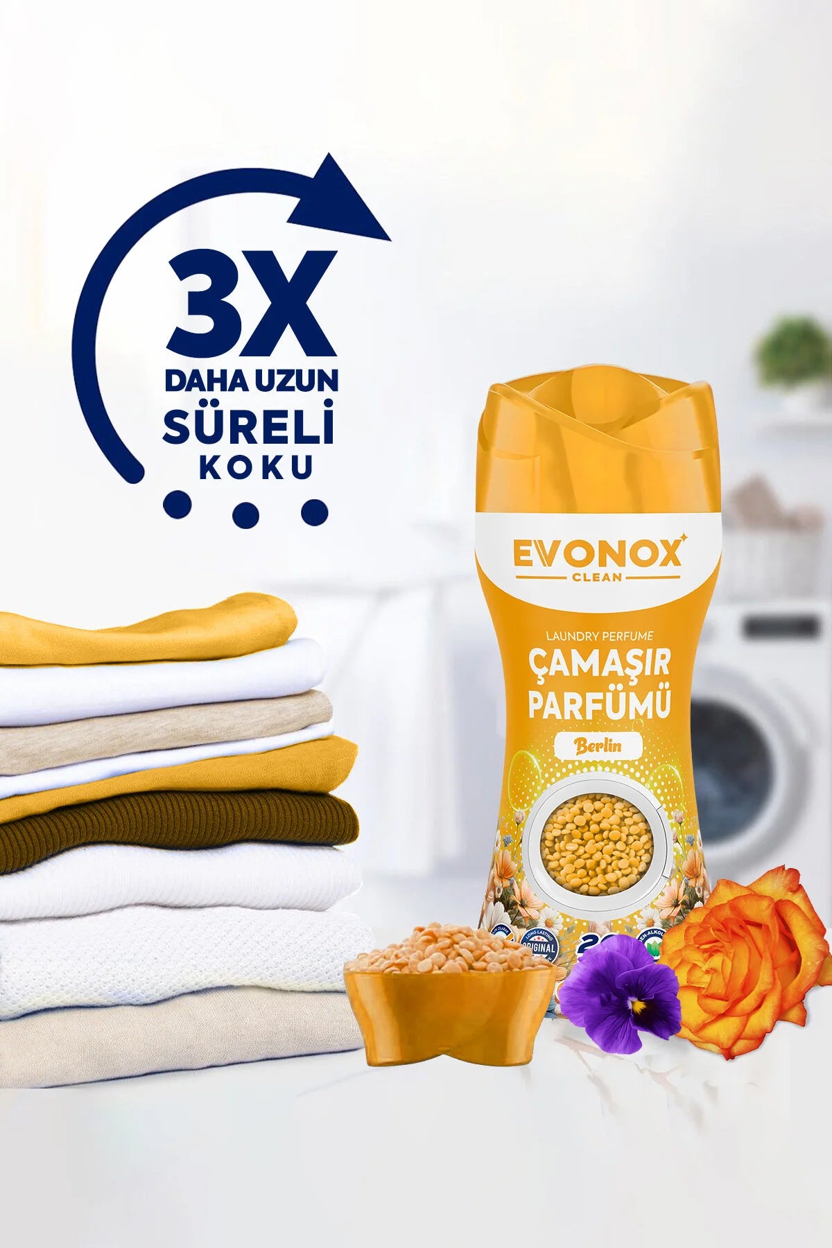 EVONOX Clean Berlin Çamaşır Parfümü 210 gr – Ferah Çiçek Kokulu In-Wash Scent Booster