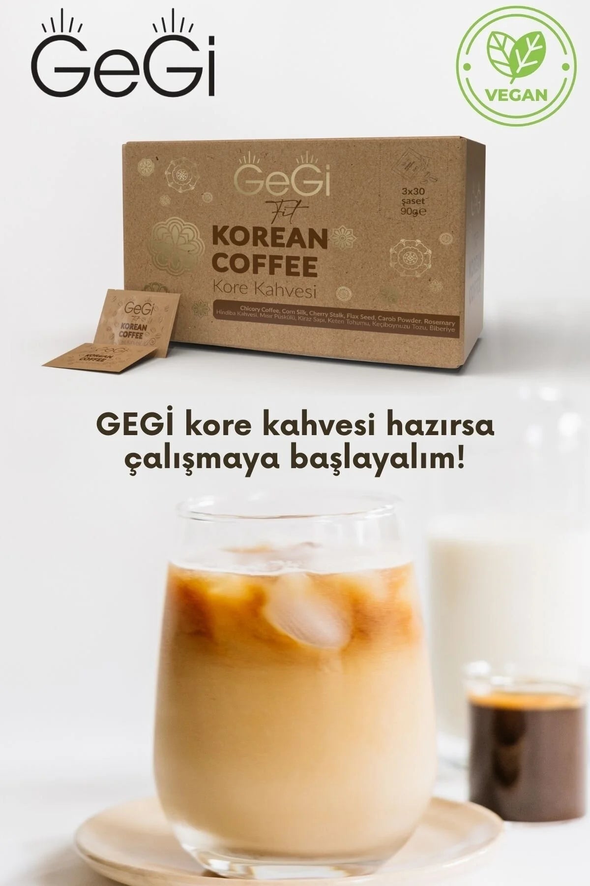 GeGi Fit Korean Coffee – Cichoreikoffie met Lijnzaad, Johannesbrood, Maïszijde, Kersensteel & Rozemarijn – 30 Sachets x 3 g – 90 g