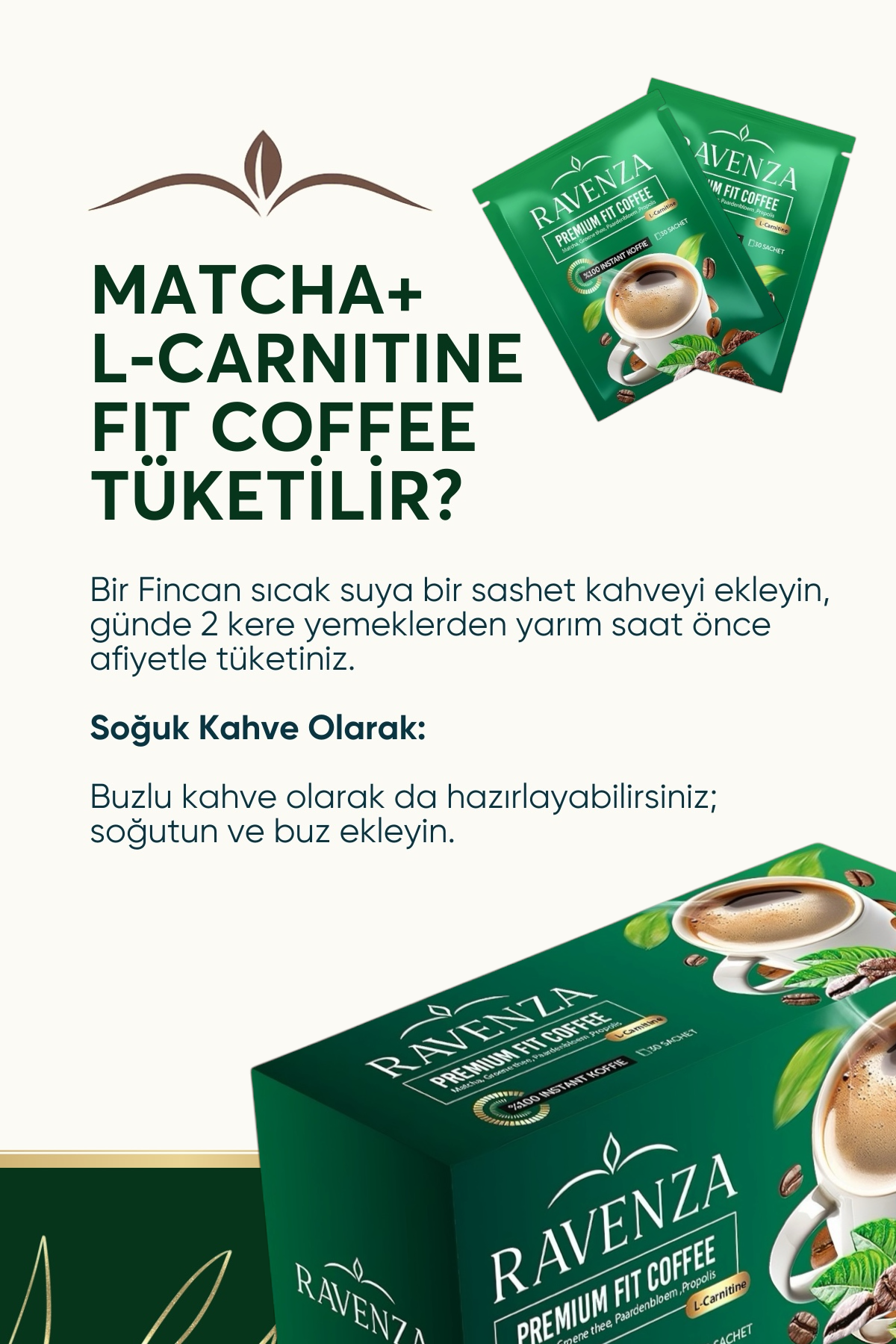 Ravenza Premium Fit Coffee – Instant Matcha Koffie met L-Carnitine, Groene Thee, Paardenbloem & Propolis – 30 Sachets