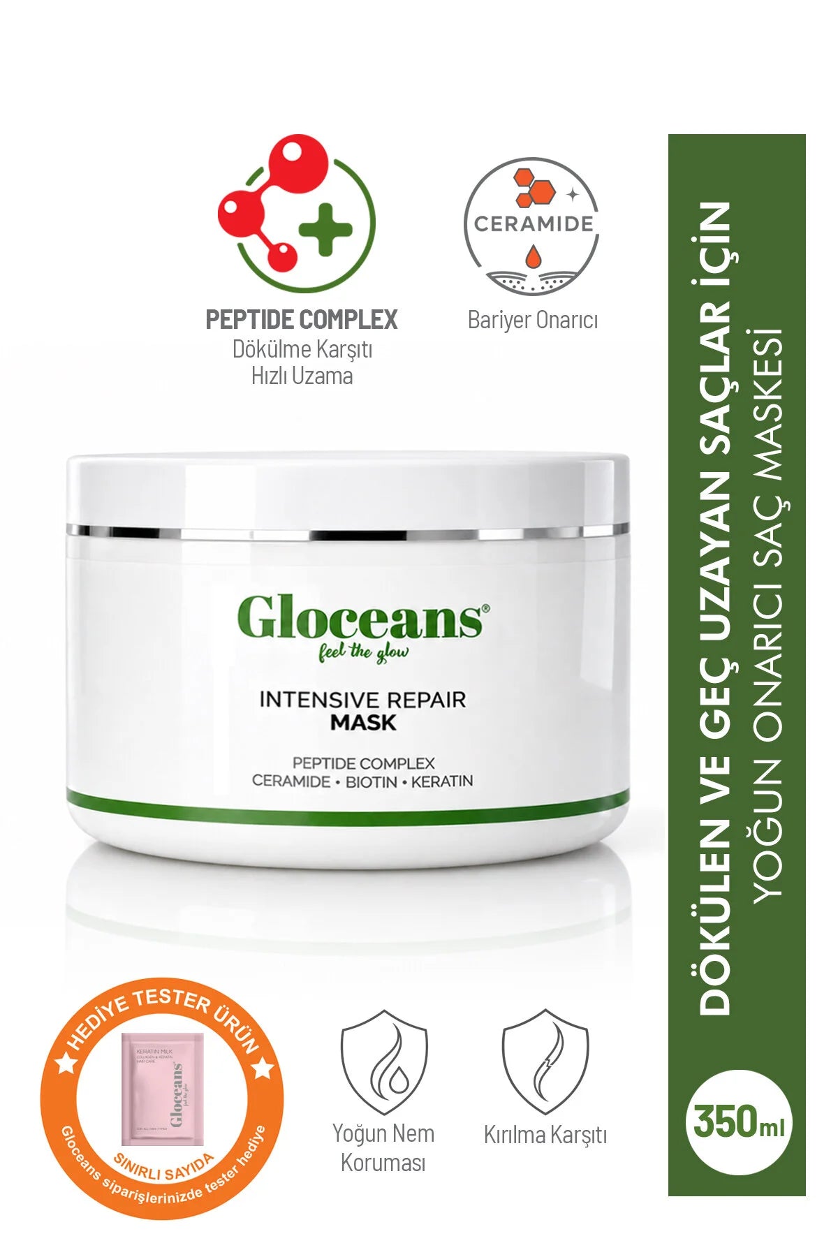 Gloceans Intensive Repair Mask – Herstellend Haarmasker met Peptide Complex, Ceramide, Biotine & Keratine – Voor Beschadigd en Droog Haar – 350 ml