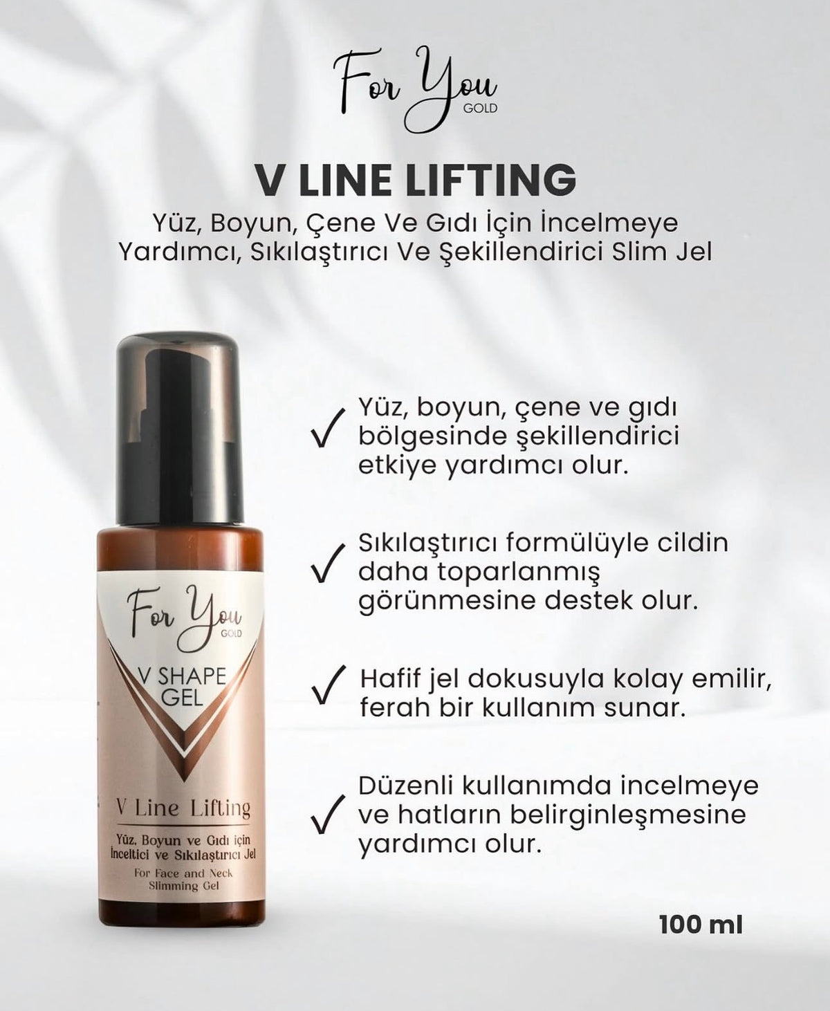 For You Gold V Shape Gel – Verzorgende Gezichts- & Halsgel met Cafeïne, Hyaluronzuur & Collageen – 100 ml