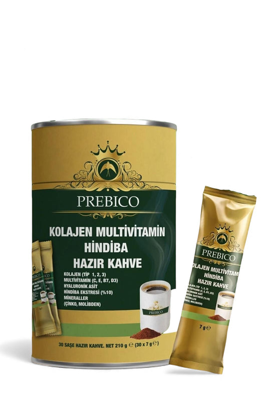 Prebico Coffee - Collageen & Multivitamine Chicoreikoffie (Hindiba) met Hyaluronzuur - Prebiotische Inulinevezels - Vitamine C/E/B7/D3 - Zink & Molybdeen (Mineralen) - Suikervrij & Glutenvrij - 30 Sachets (210 g)