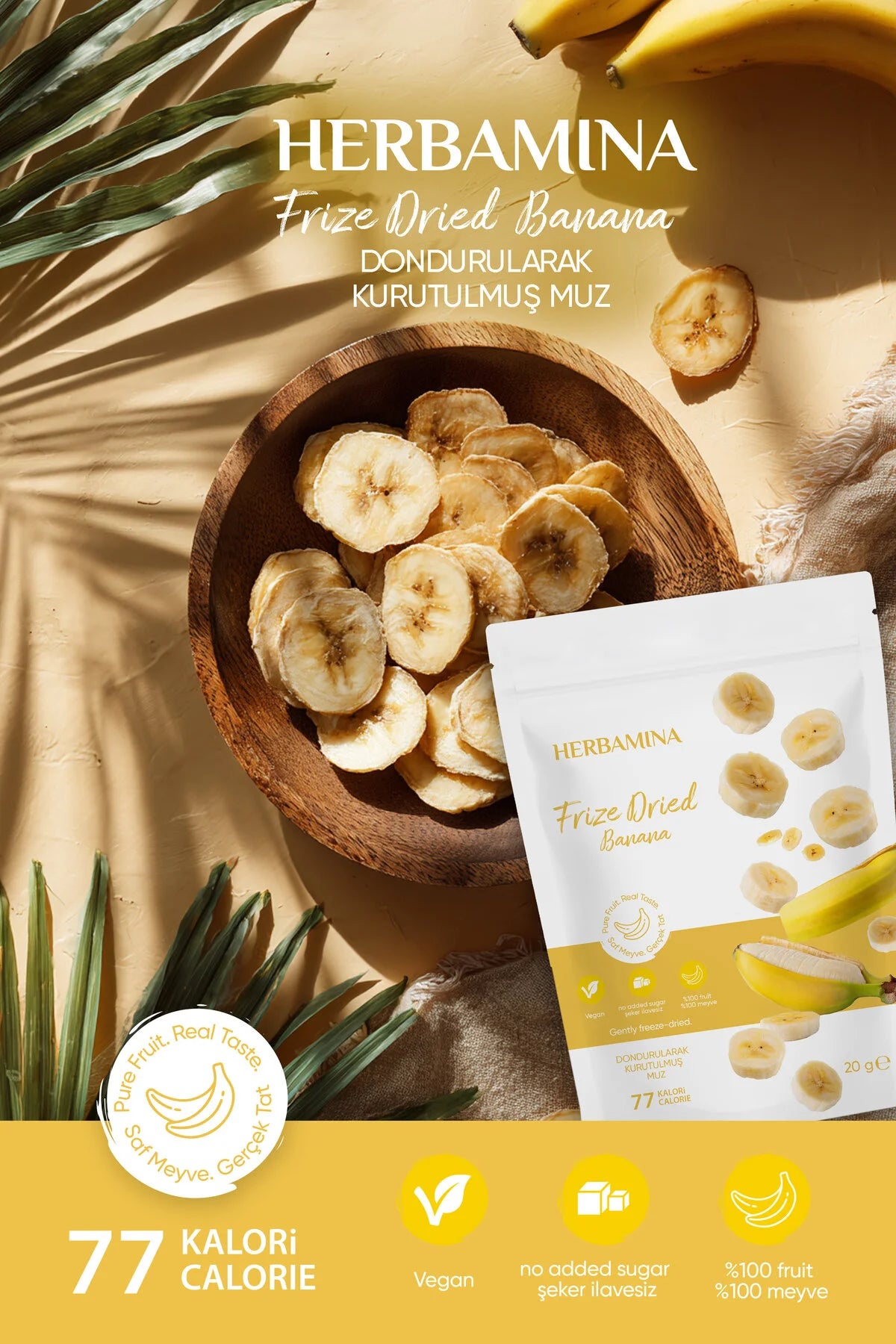 Herbamina Gevriesdroogde Banaan 20g – Freeze Dried Banaan Snack 20g – 100% Fruit – Knapperige Fruit Chips – Vegan & Zonder Toegevoegde Suiker