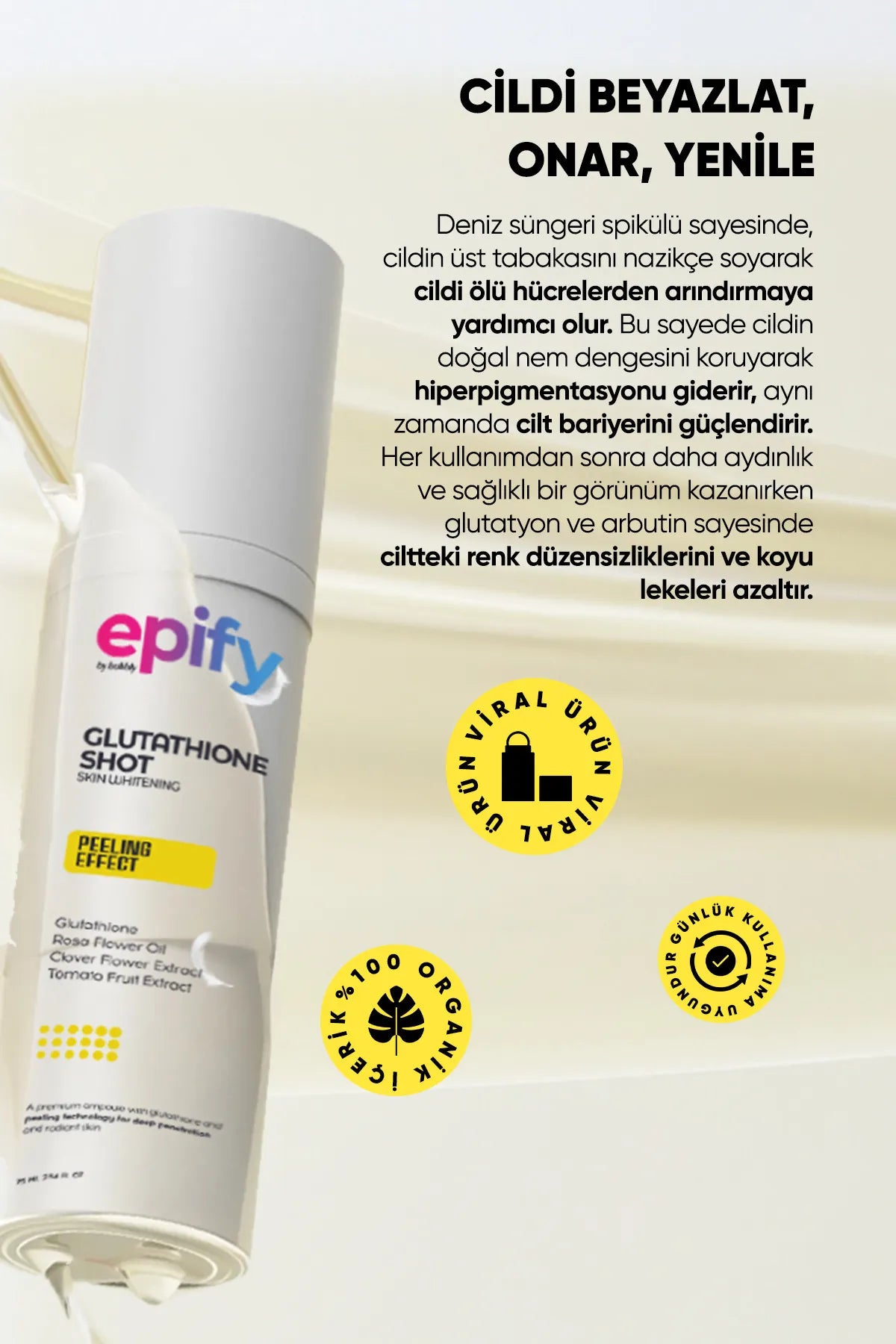 Epify Skin Whitening Peeling Effect - Glutathione Shot - Donkere vlekken vervagen - Huidtint egaliseren - Micro-needling-achtig effect - 75 ml