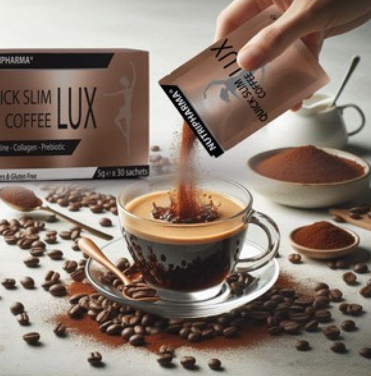 Nutripharma Slimlux Coffee Collageen Koffie met Inuline, L-Carnitine & Groene Koffie Extract - 30 Sachets x 5 g - Glutenvrij