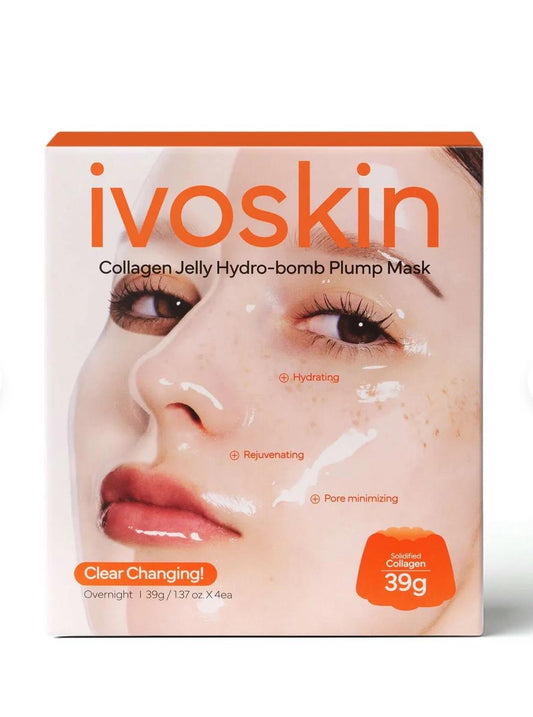 Ivoskin Collagen Jelly Hydro-bomb Plump Mask(4ea) - Hydraterend - Verjongend - Poriën verkleinend - Echt collageenmasker - Verstevigend voor stralende huid - Collageenwater meer dan 670.000 ppm - Dermatologisch getest