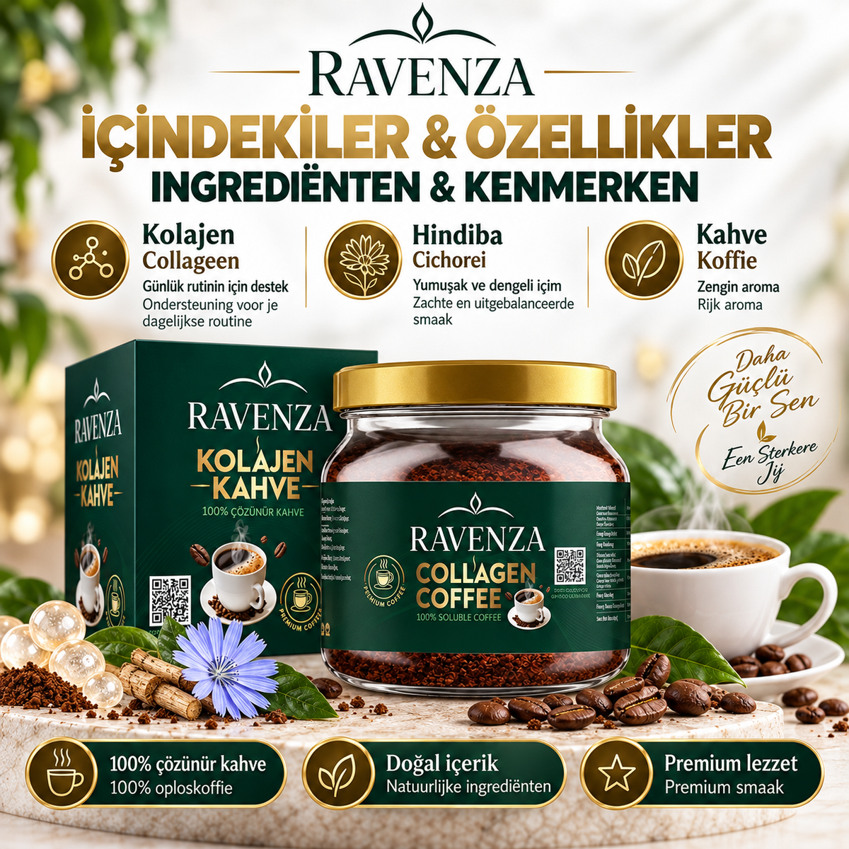 Ravenza Collageen Koffie – Oplosbare Koffie met Chicorei & Collageen – Instant Collagen Coffee – 150 g