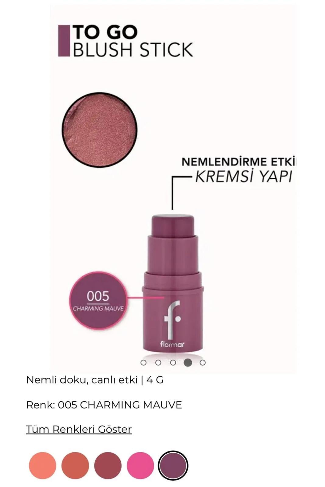 Flormar - To Go Blusher Stick - Moisturizing & Shining Creamy Stick Blush - Hydraterende & Glanzende Romige Stick Blush - 005 Charming Mauve