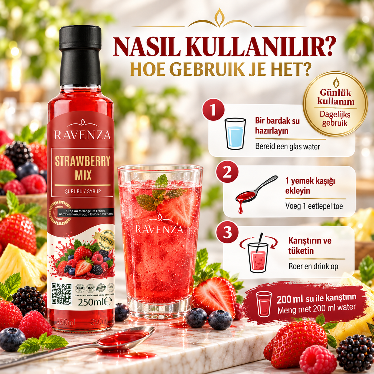 Ravenza Strawberry Mix – Aardbeienmix Siroop met Aardbei, Framboos, Braam & Blauwe Bes – Met L-Carnitine, Vitamine C, B2, B6 & Q10 – 250 ml