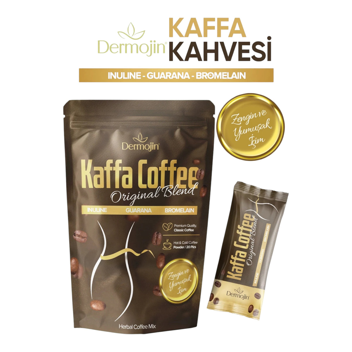 Dermojin Kaffa Koffie – Inuline, Bromelaïne & Guarana – Oploskoffie – 20 Sachets – 100 g