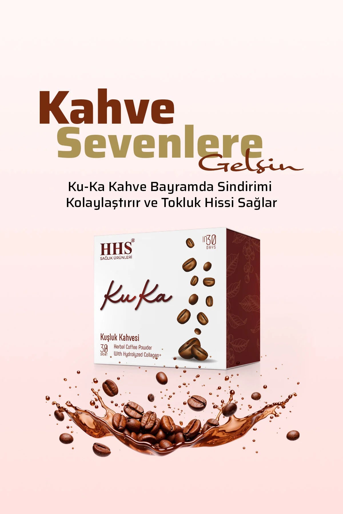 HHS Koffie Detox - KuKa Coffee (Kuşluk Kahvesi) - Kruidenkoffie met Gehydrolyseerd Collageen met Hyaluronzuur & Vitamine C – 30 Zakjes (Herbal Coffee Powder)