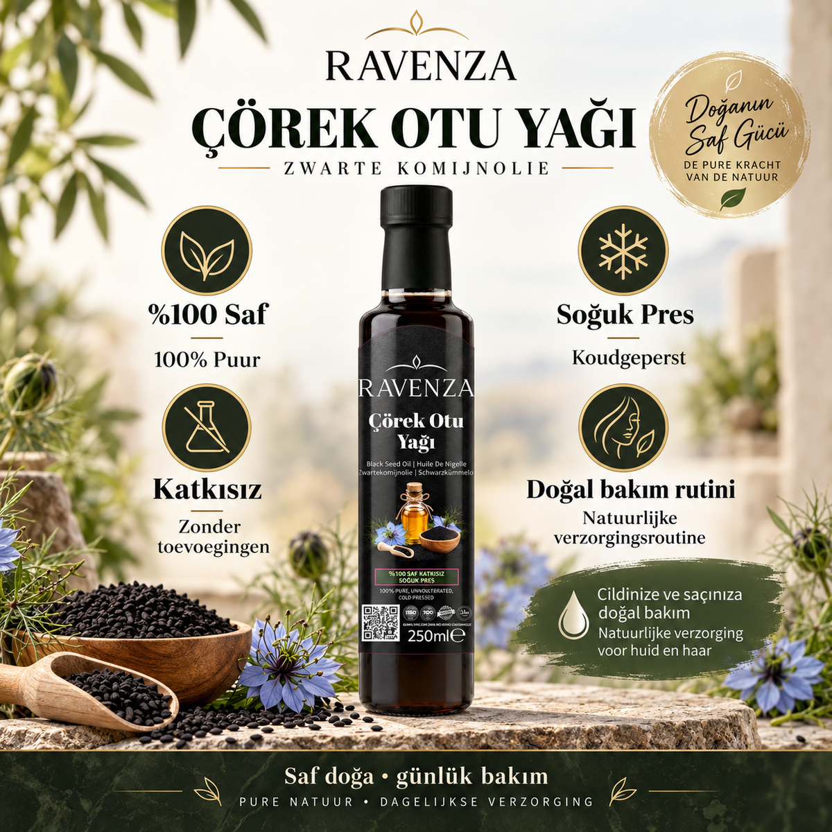 Ravenza Çörek Otu Yağı – 100% Pure Zwartekomijnolie – Koudgeperst – Zonder Toevoegingen – 250 ml
