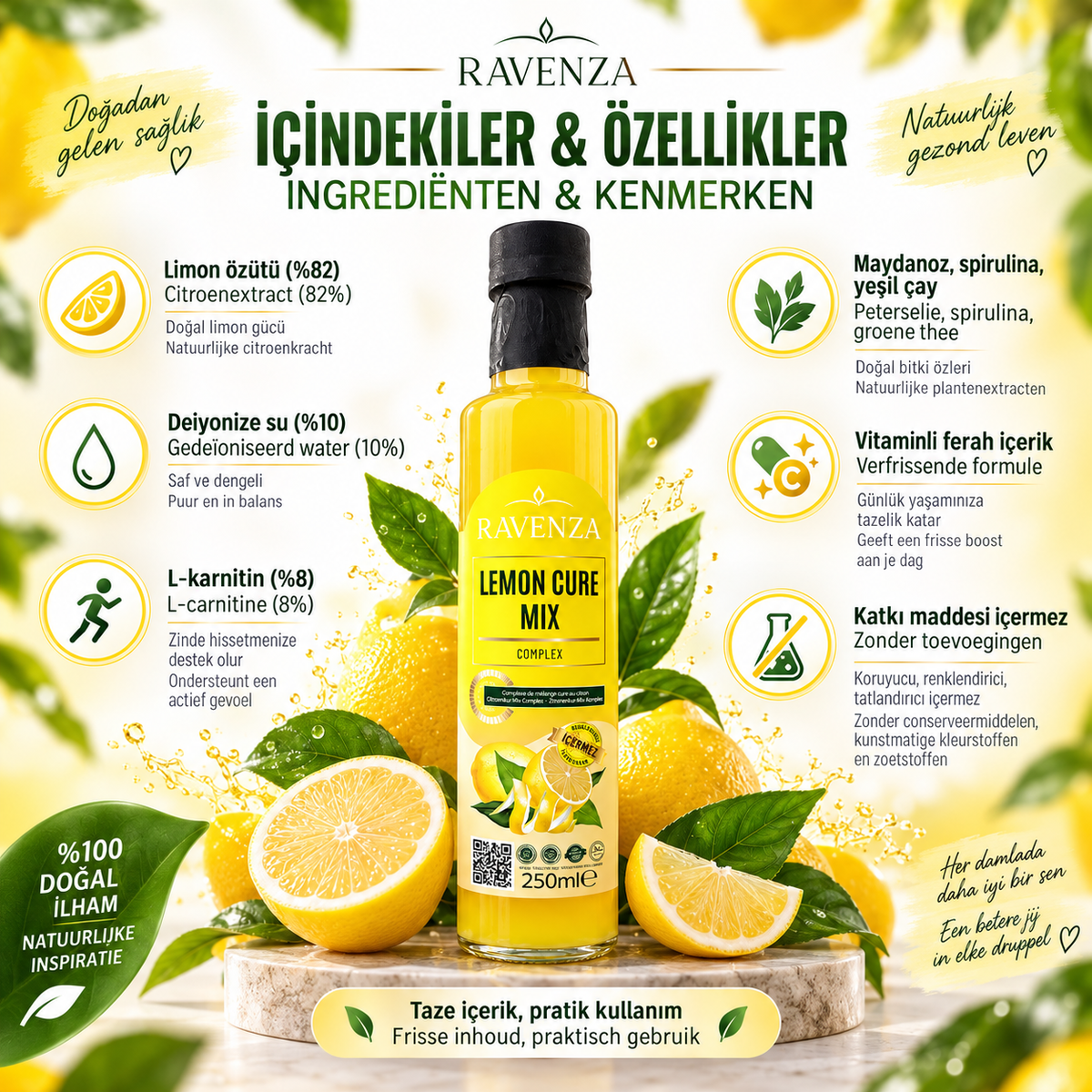 Ravenza Lemon Cure Mix Complex – Citroenmix met 82% Citroenextract, L-Carnitine, Spirulina & Groene Thee – 250 ml