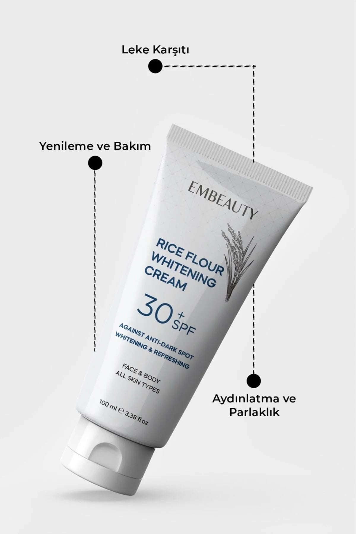 EMBEAUTY Rice Flour Brightening Cream SPF30+ 100 ml | Voor Gezicht en Lichaam | Met Arbutin en Hyaluronzuur