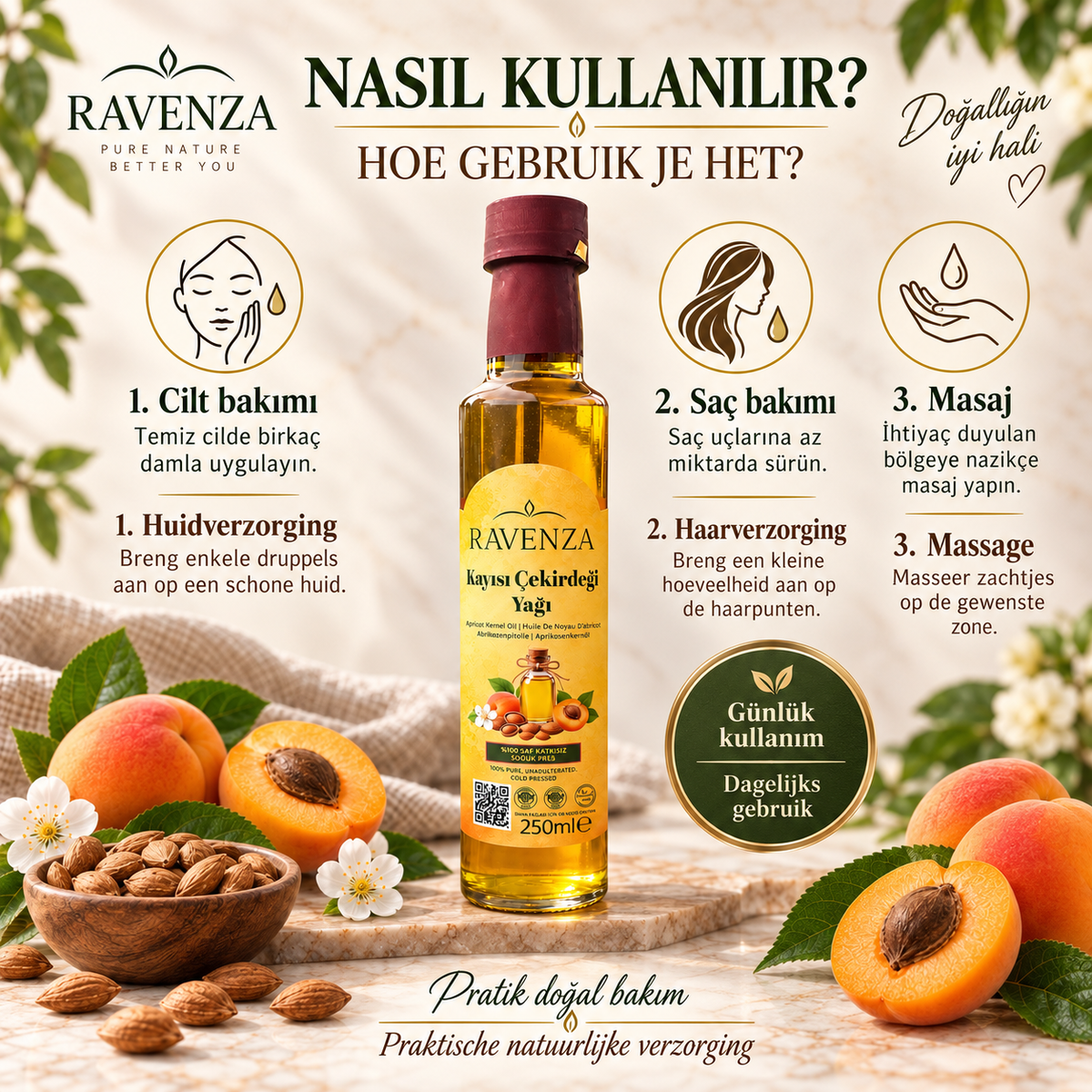Ravenza Kayısı Çekirdeği Yağı – 100% Pure Abrikozenpitolie – Koudgeperst – Zonder Toevoegingen – 250 ml