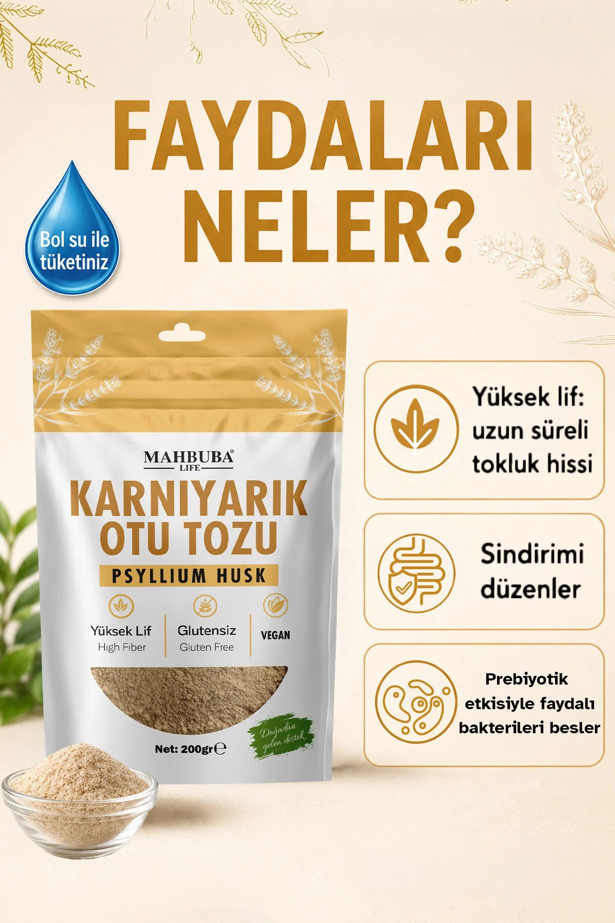 Mahbuba Life Psyllium Husk Powder – Psylliumvezels / Vlozaadvezels – Glutenvrij & Vegan – Vezelrijk – Zonder Toegevoegde Suiker – 200 g
