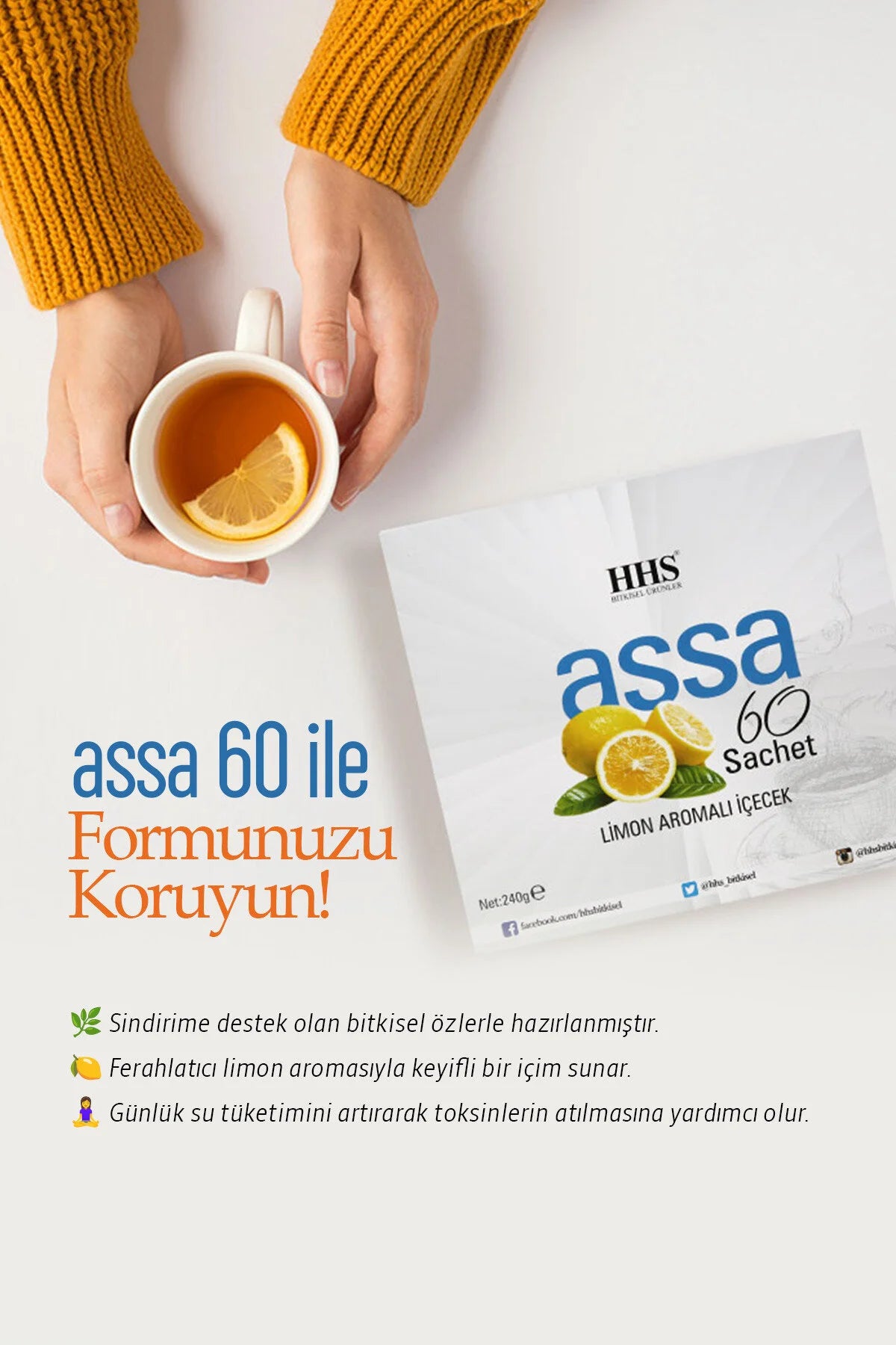 HHS Assa Detox Thee Lemon Flavored Drink - Citroen Gemengde Kruidenthee – Ondersteun uw dieet en blijf in vorm! - Detox Kruidendrank - 60 Sachets 240g