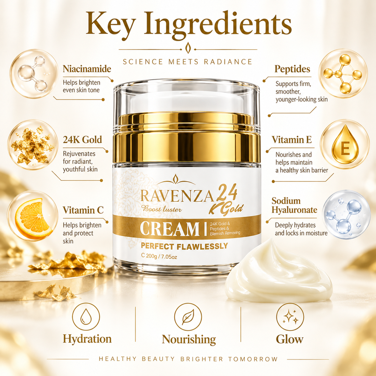 Ravenza 24K Gold Cream – Gezichtscrème met Niacinamide, Peptiden, Hyaluronzuur, Vitamine C & E – Hydraterende Huidverzorging – 200 g