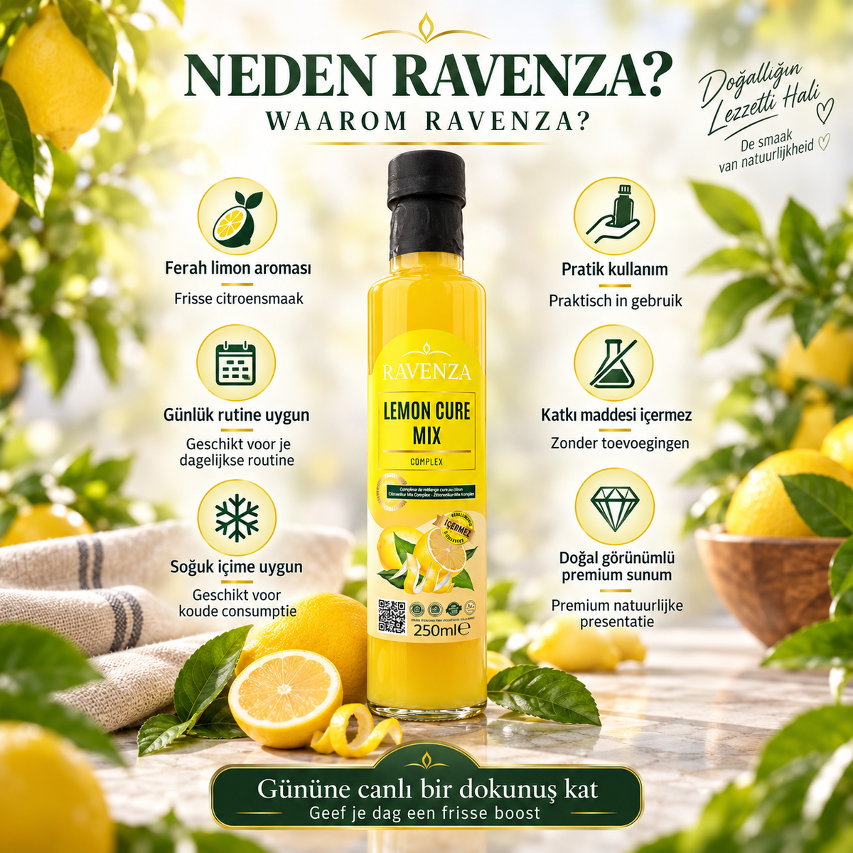 Ravenza Lemon Cure Mix Complex – Citroenmix met 82% Citroenextract, L-Carnitine, Spirulina & Groene Thee – 250 ml