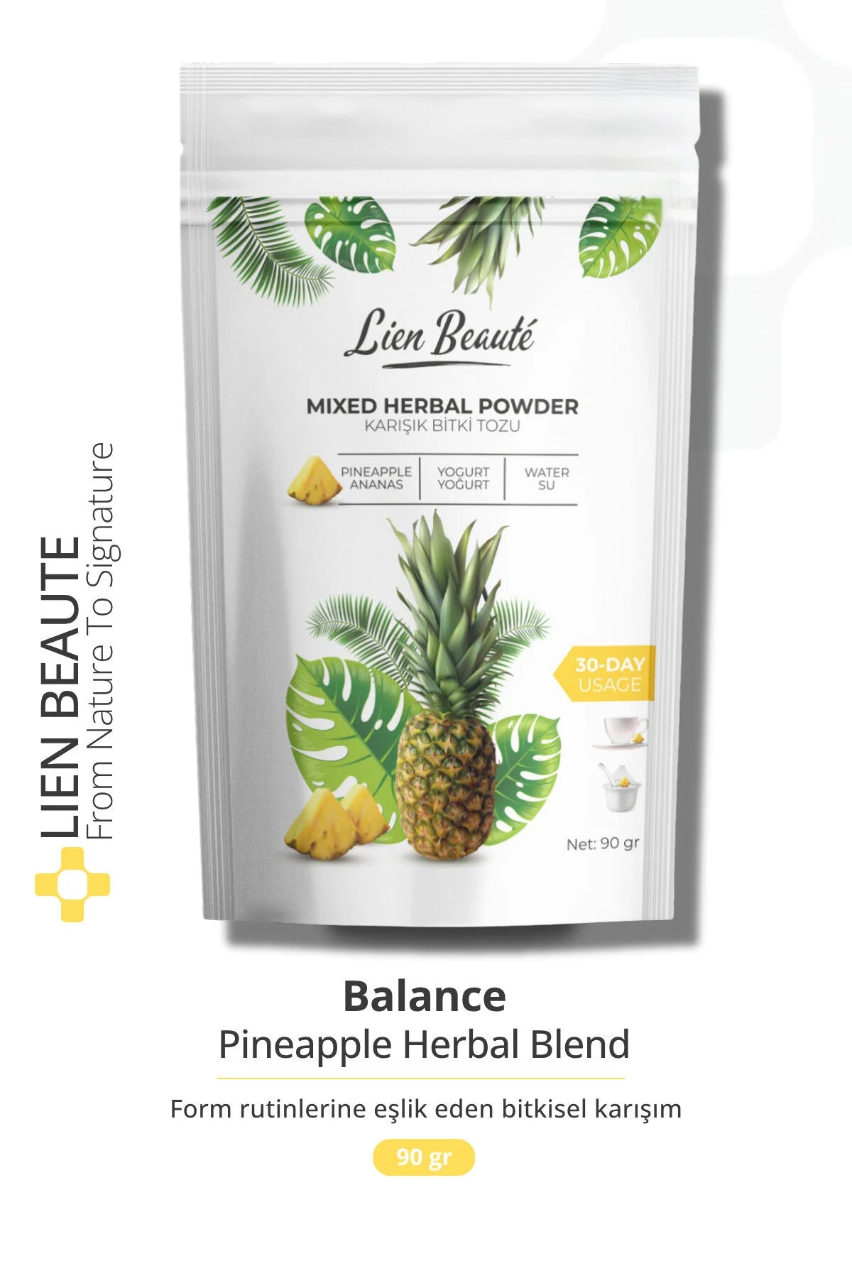 Lien Beauté Mixed Herbal Powder Ananas 90 g - Kruidenpoeder met Groene Thee & Mate - 30 Dagen Gebruik