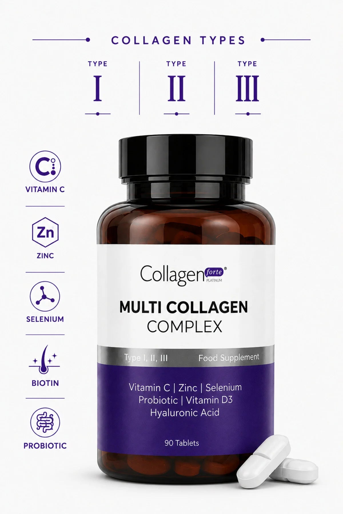 Collagen Forte Platinum Multi Collagen Complex – Type I, II & III – Vitamine C, D3, Zink, Selenium & Hyaluronzuur – 90 Tabletten