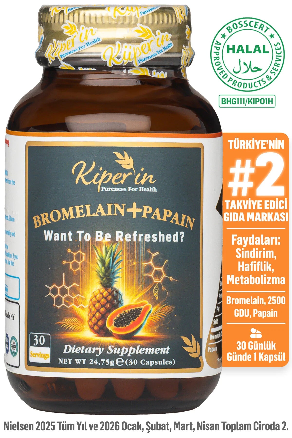 Kiperin Bromelain + Papain – Bromelaïne 500 mg & Papaïne 200 mg – 2500 GDU – Voedingssupplement – 30 Capsules