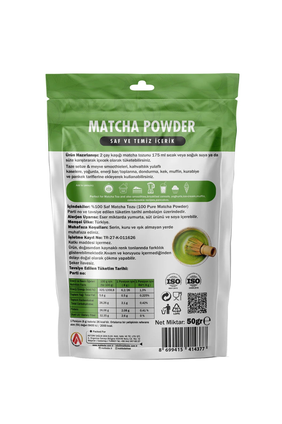Mahbuba Life Matcha Powder – 100% Pure Matcha Poeder – Suikervrij & Glutenvrij – 50 g