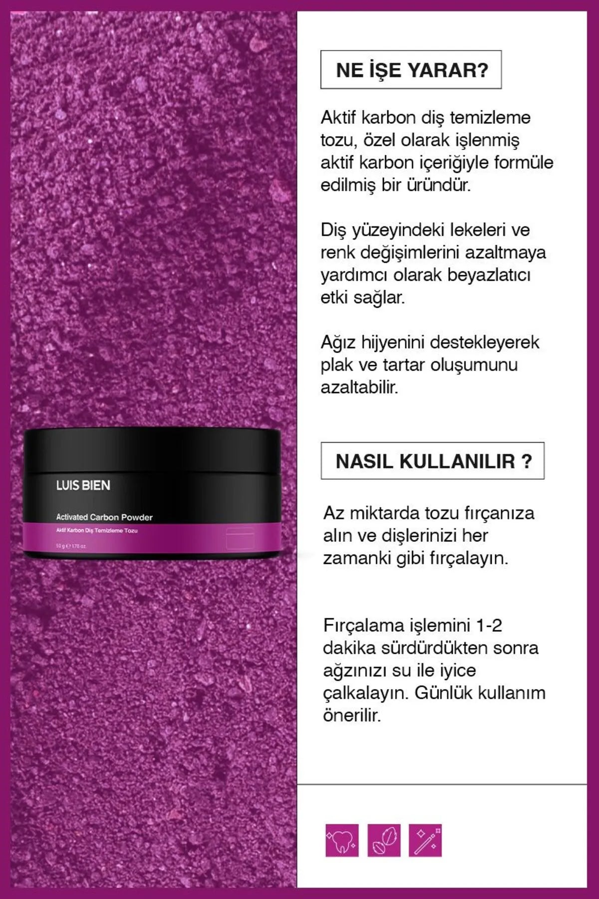 Luis Bien - Geactiveerde Koolstof Tandenbleekpoeder - Tegen sigaretten- thee- en koffievlekken - Zuiverend & Witmakend Effect - Natuurlijke formule - 50 gram