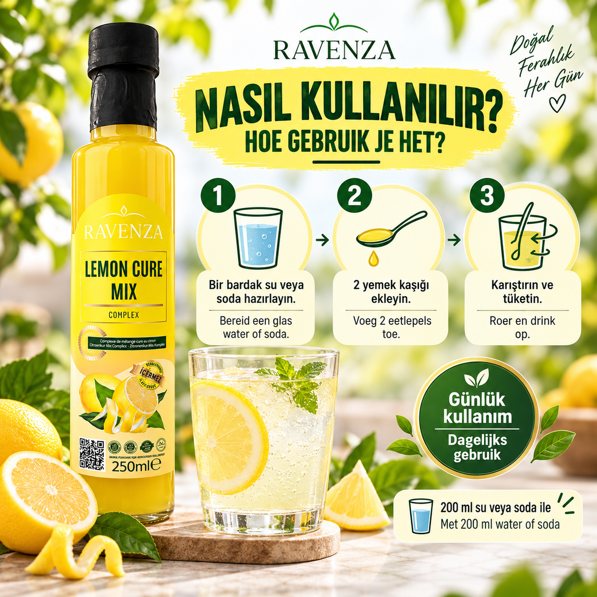Ravenza Lemon Cure Mix Complex – Citroenmix met 82% Citroenextract, L-Carnitine, Spirulina & Groene Thee – 250 ml