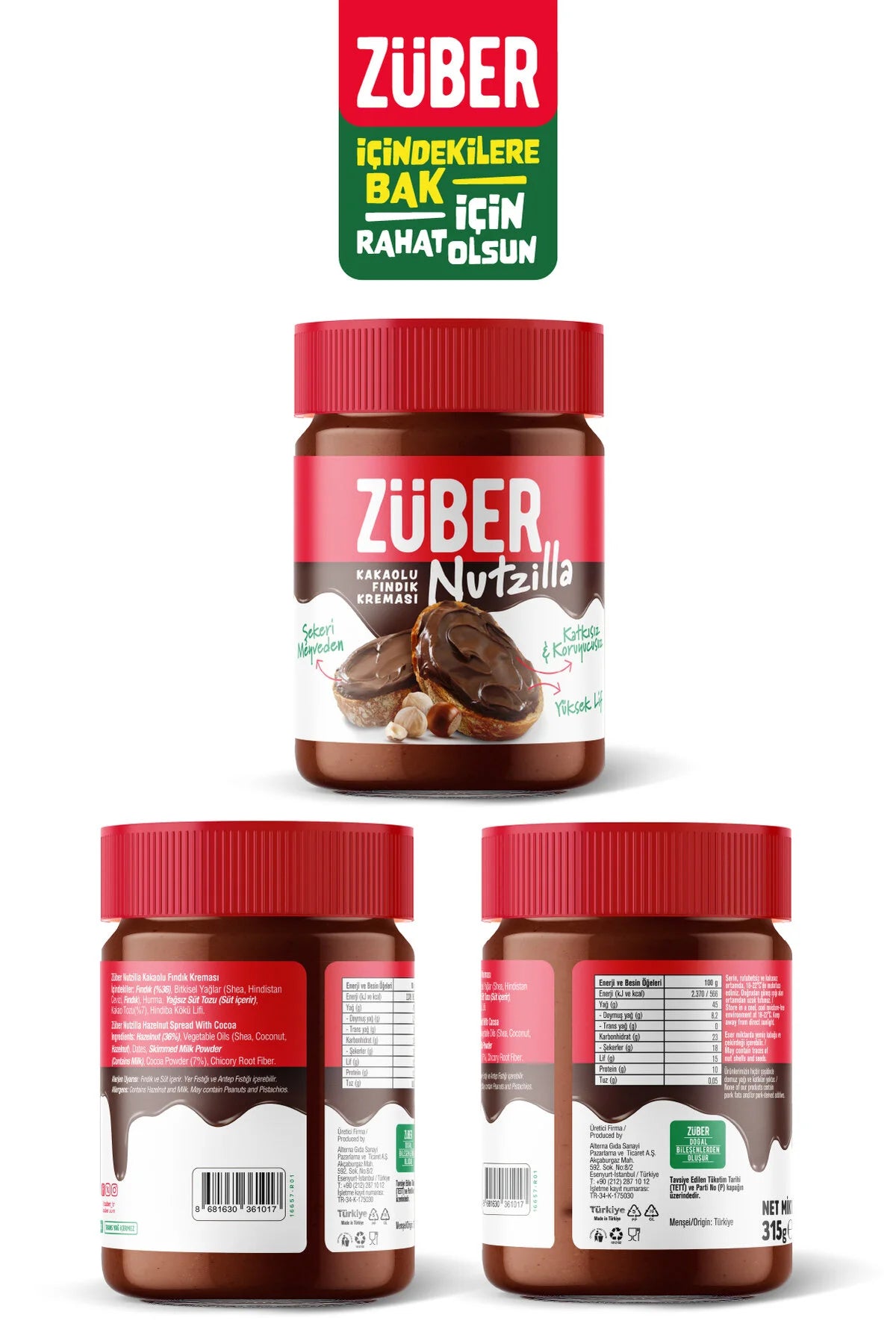 Züber Nutzilla Hazelnootpasta met Cacao – 36% Hazelnoten – Zonder Toegevoegde Suiker – Glutenvrij – Vezelrijk – 315 g
