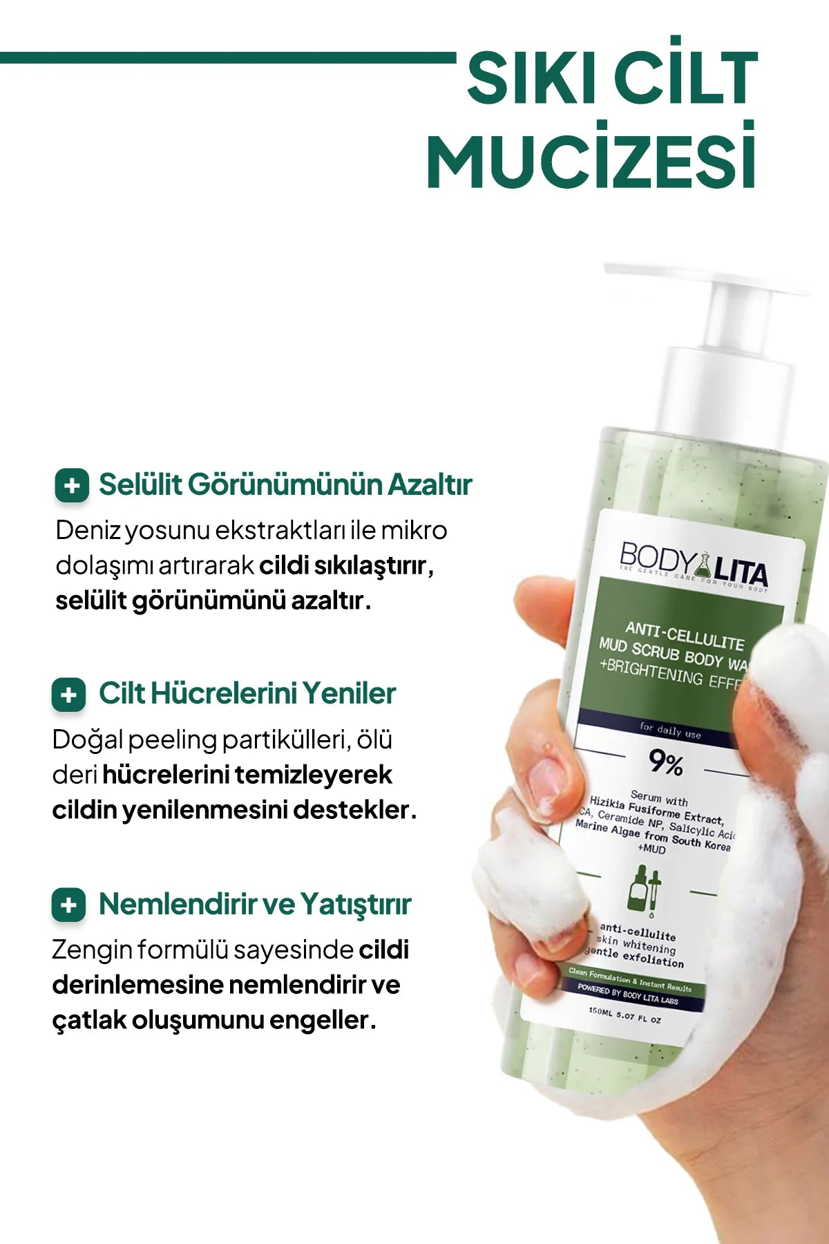 BodyLita Anti-Cellulite Permanente oplossing voor cellulitis met 9% Serum Mud Scrub Body Wash Gel + Brightening (Verhelderend) Effect Schone formule & Directe resultaten - Aangedreven door Body Lita Labs - Vermindert cellulitis in 10 dagen - 150 ml