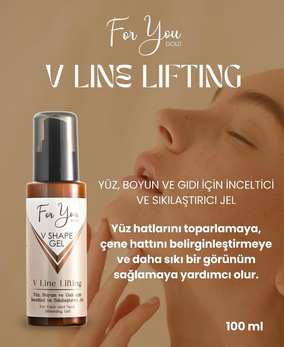 For You Gold V Shape Gel – Verzorgende Gezichts- & Halsgel met Cafeïne, Hyaluronzuur & Collageen – 100 ml