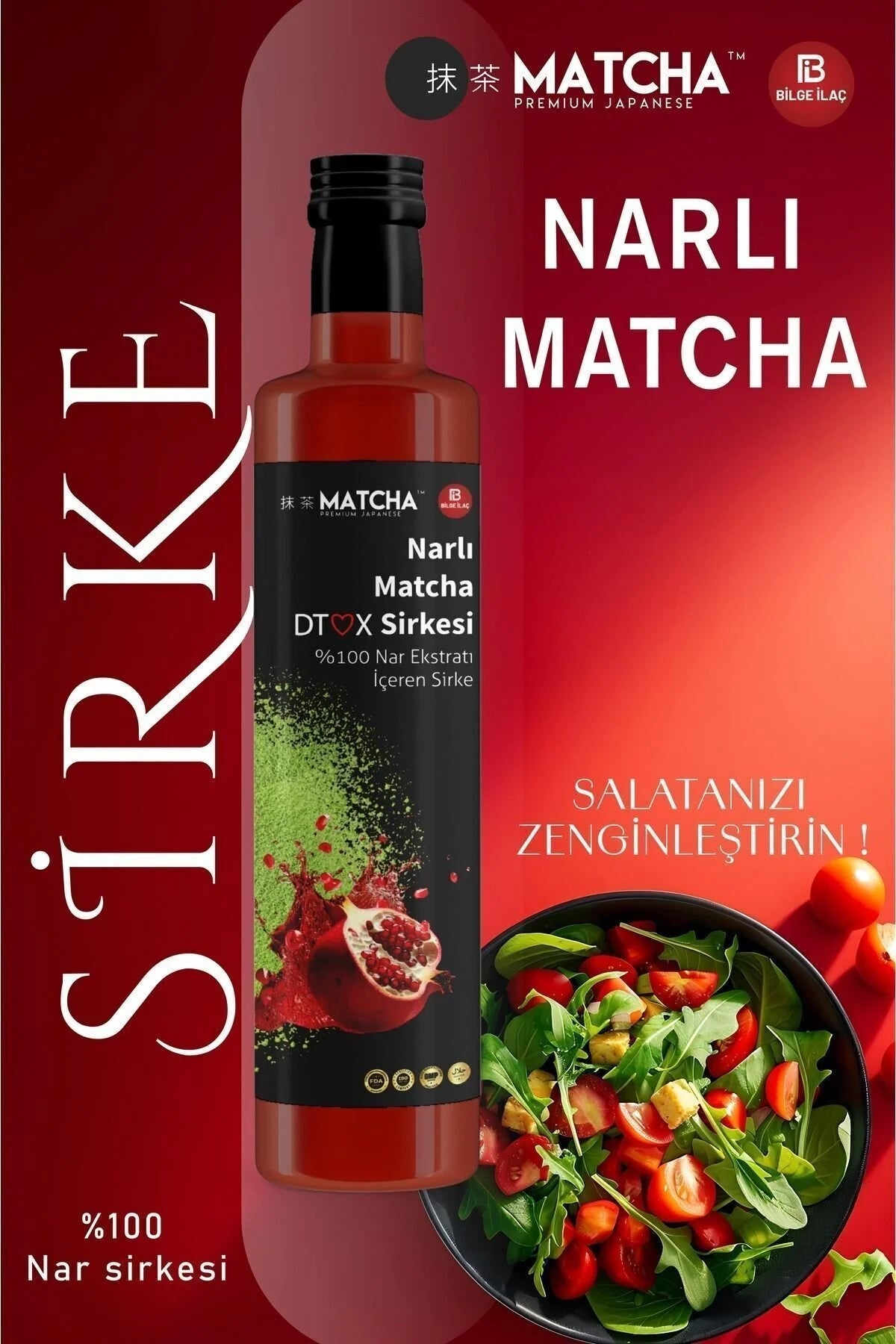 Matcha Premium  Nar Ekşili Sirke – Nar (%25) & Yeşil Çay Matcha Ekstreli – Hibiskus ve Mate Yapraklı – 250 ml