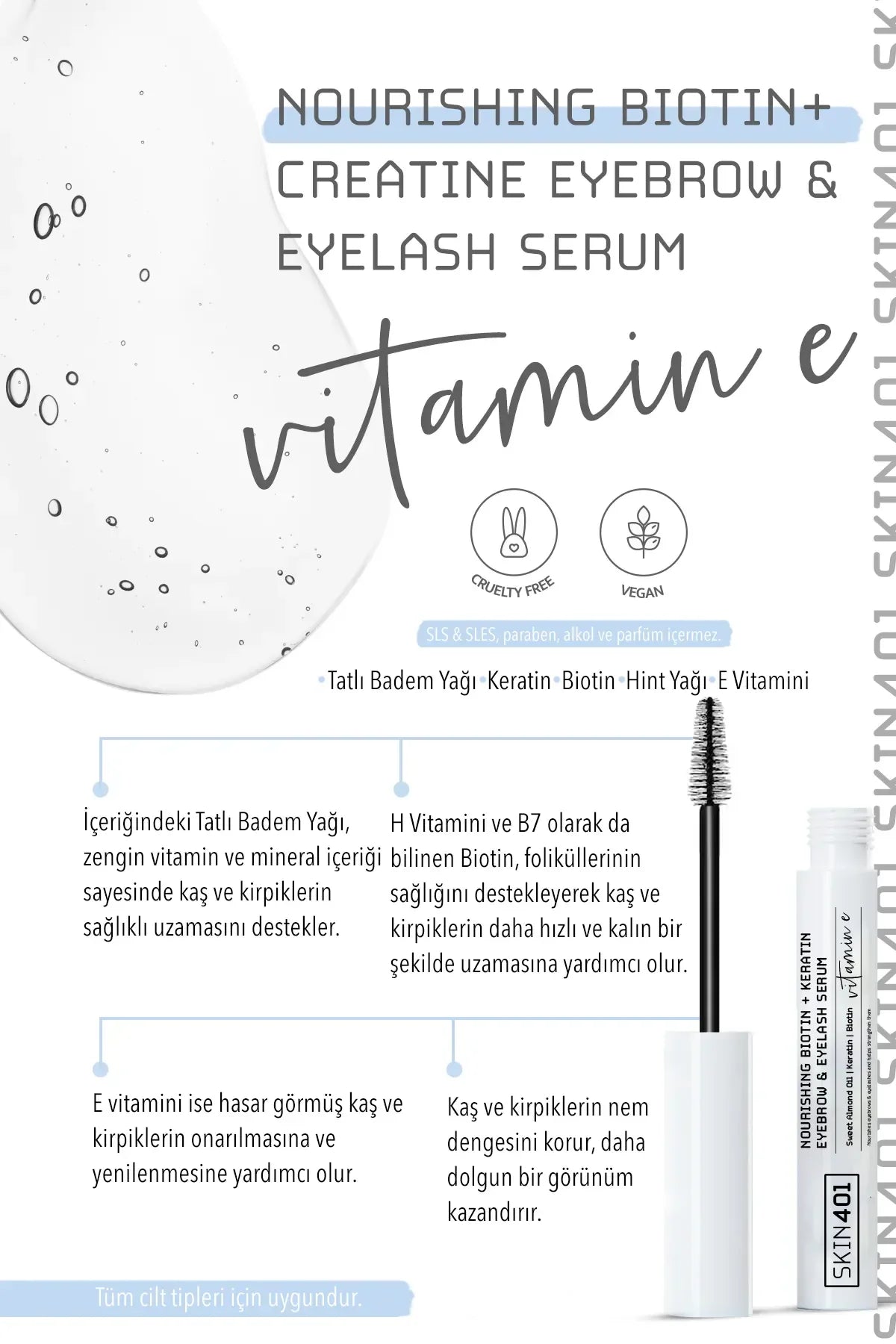 Skin401 Nourishing Biotin + Keratin Eyebrow & Eyelash Serum - Verstevigend Voedend Groei Wenkbrauw & Wimper Serum - Sweet Almond Oil (Zoete Amandelolie + Vitamine E - 6,5 ml