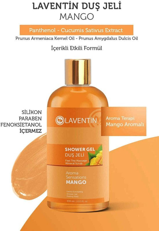 Laventin Showel gel Energy Feel the Massage Mineral Scrub - Verrijkt met mangoaroma - Zuiverende Verfrissende Hydraterende Mango Douchegel - voor Mannen & Vrouwen - Dermatologisch getest - 400 ml