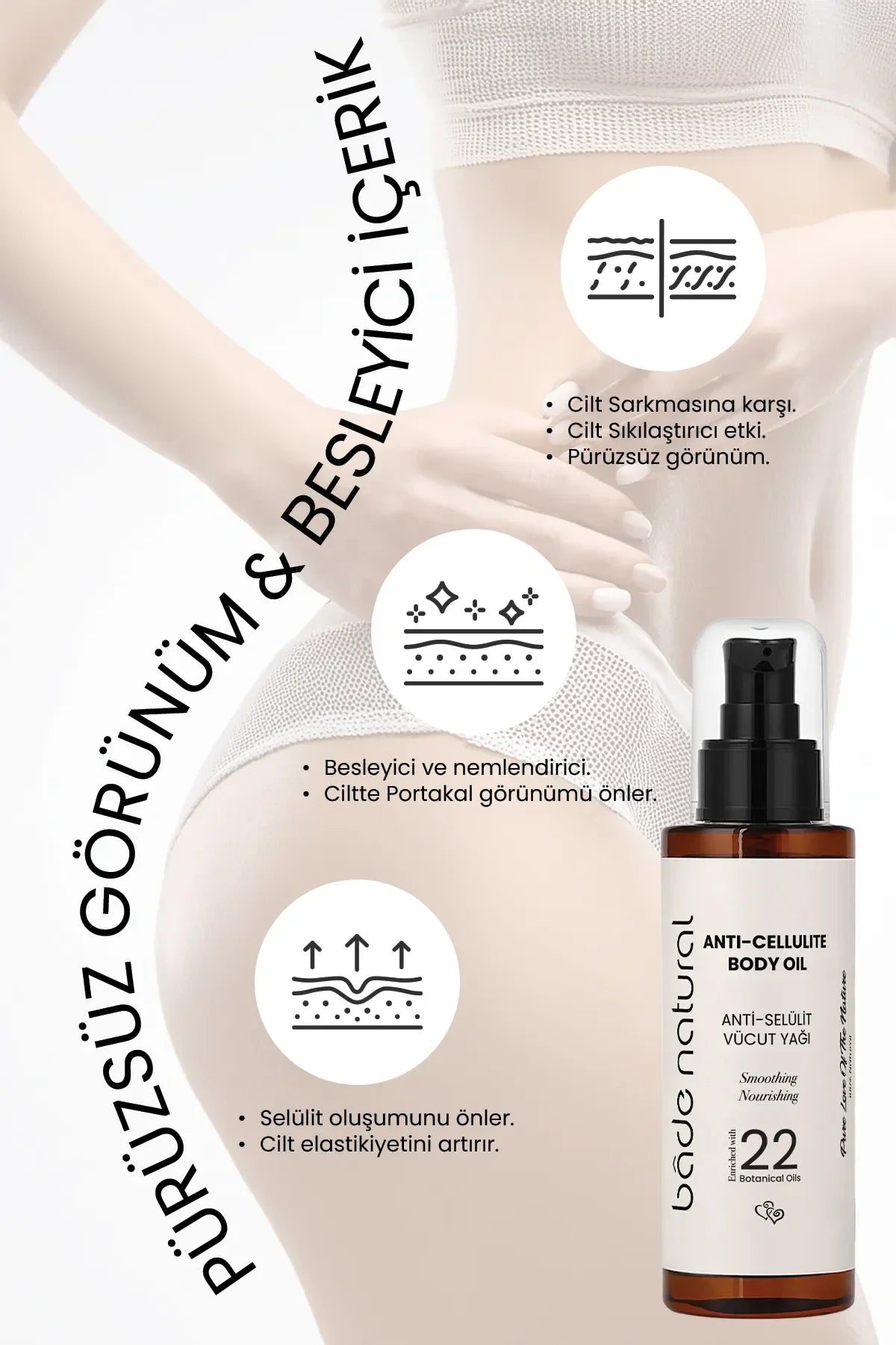 Bade Natural Anti-Cellulite Body Oil - Vegan - Smoothing Nourishing 22 Botanical Oils - Intensieve anti-cellulitis verstevigende en gladmakende lichaamsverzorgingsolie 100% natuurlijk - Verrijkt met 22 Botanische oliën - Alle huidtypen - 100 ml