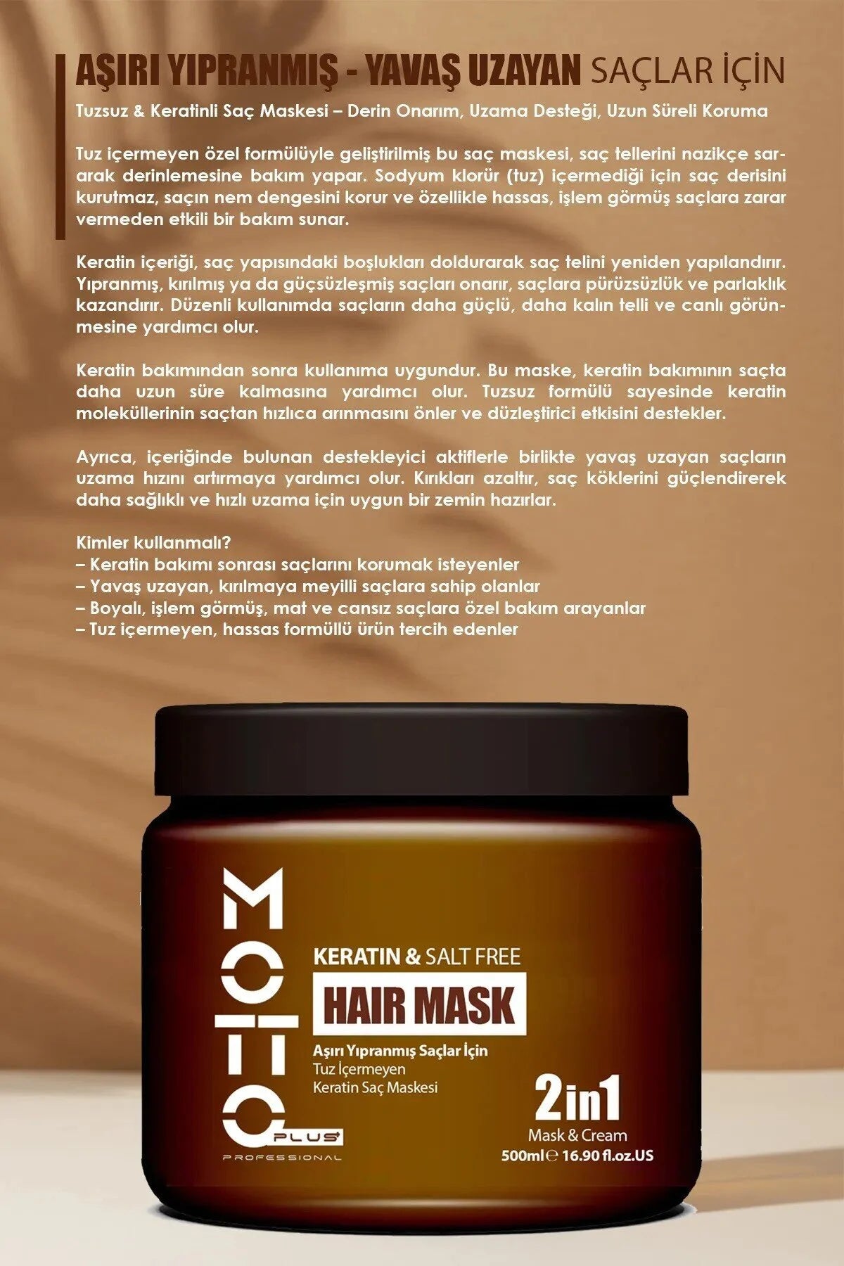 Motto Plus Professional Keratin Hair Mask Salt Free 2in1 – Haarmasker & Crème – Voor Beschadigd en Droog Haar – Keratine, Arganolie & Panthenol – 500 ml