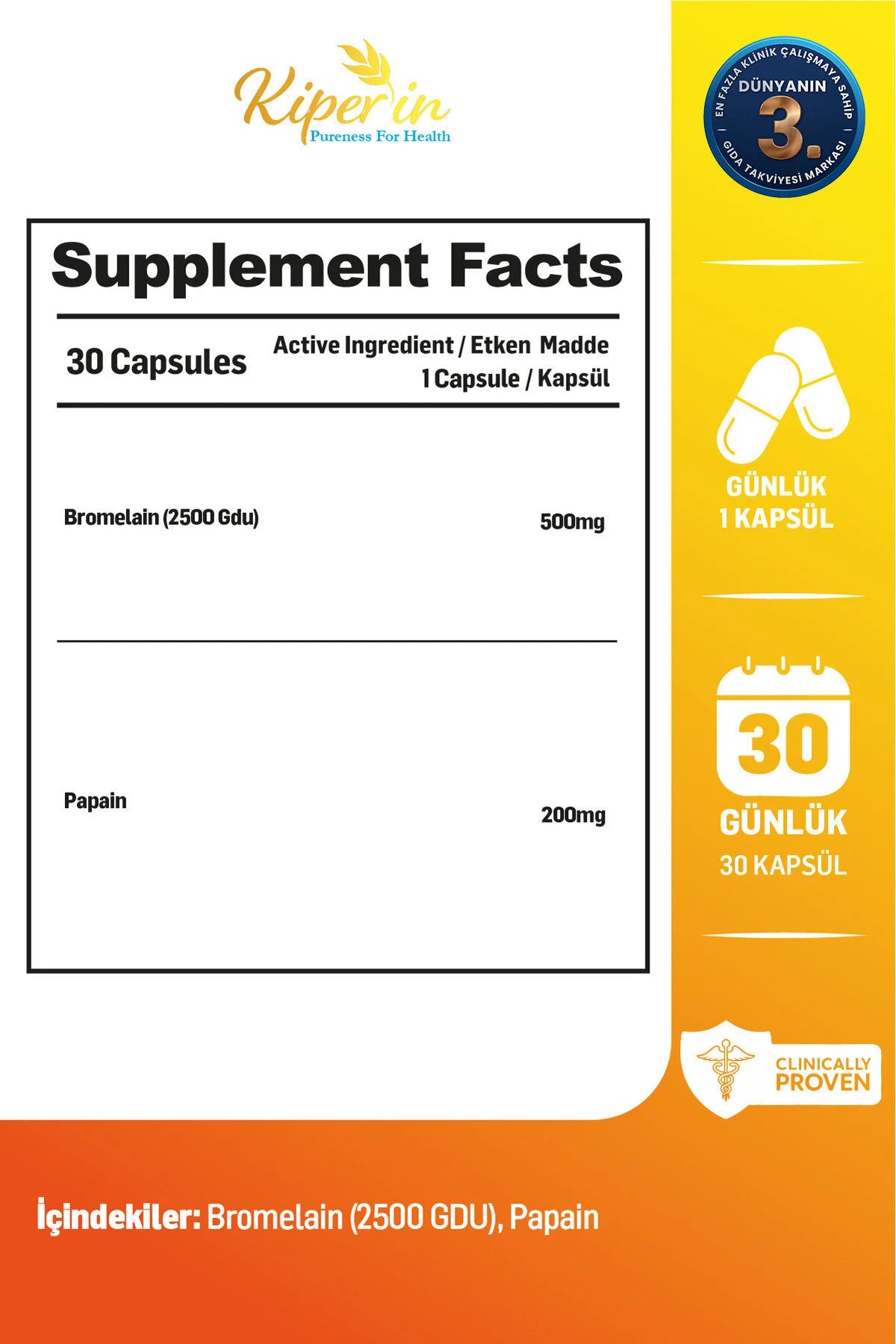 Kiperin Bromelain + Papain – Bromelaïne 500 mg & Papaïne 200 mg – 2500 GDU – Voedingssupplement – 30 Capsules